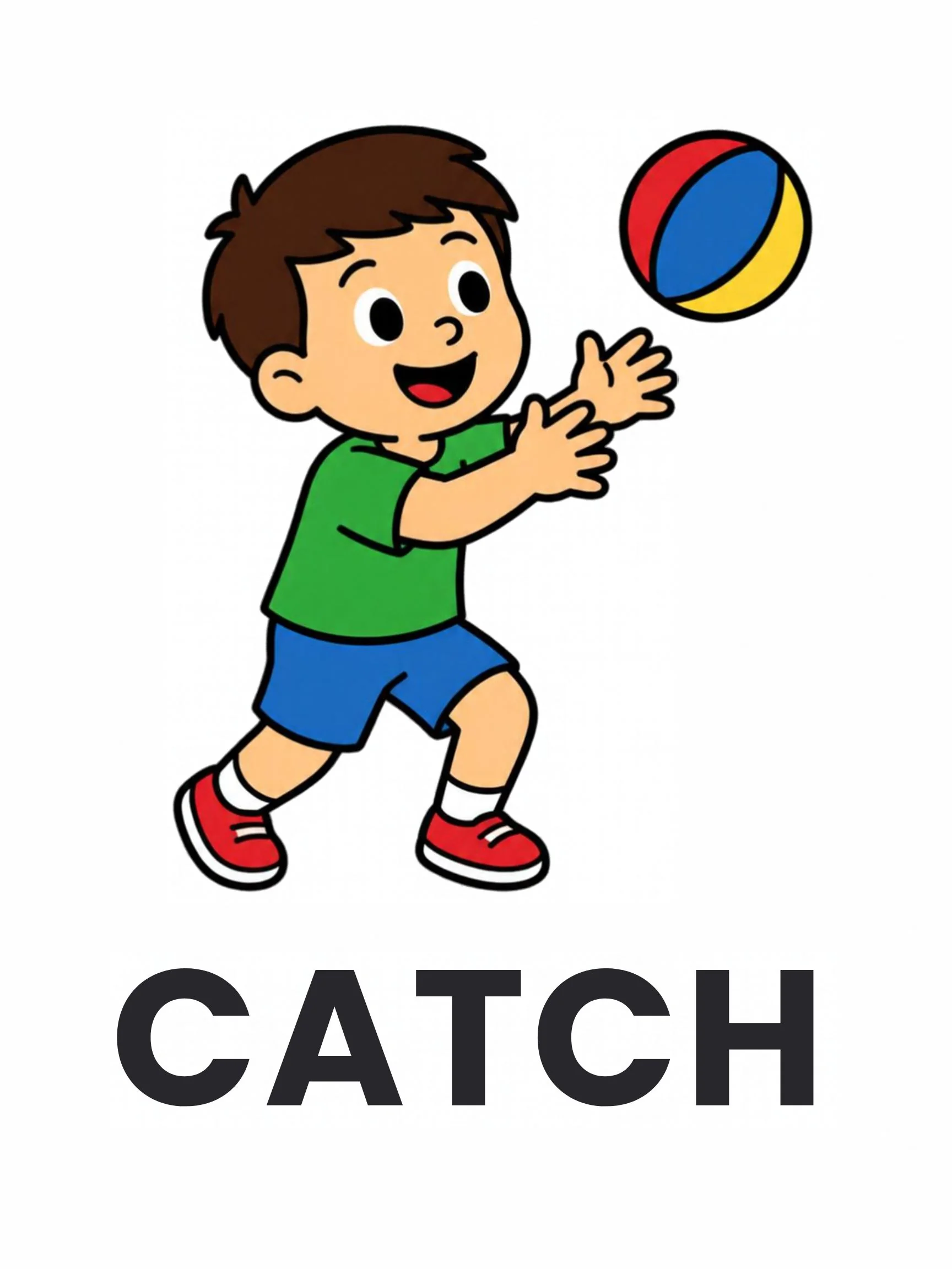 A Playground flashcard with the word "Catch" and a boy catching a red, yellow and blue beach ball.