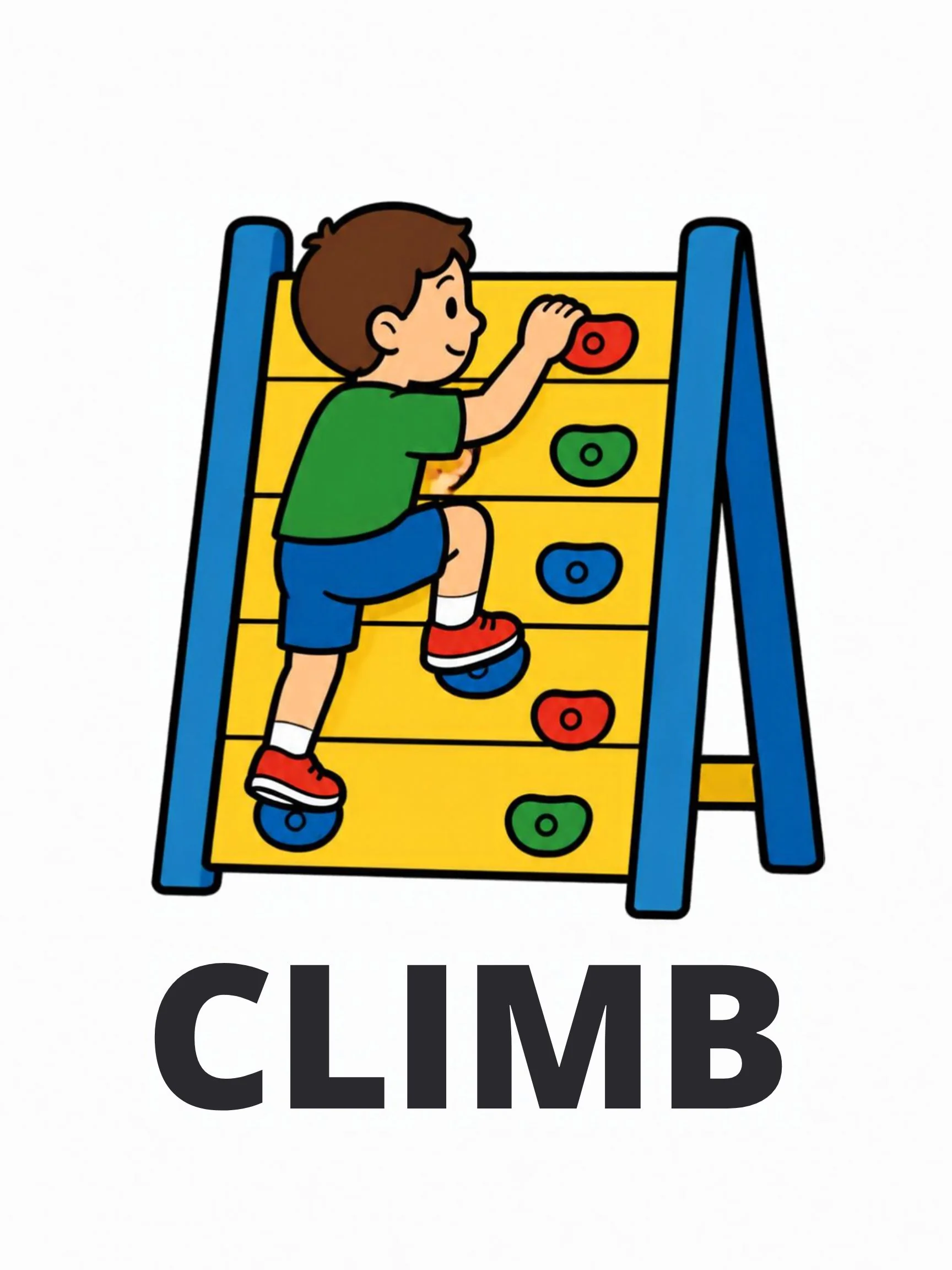 A Playground flashcard with the word "Climb" and a boy climbing a yellow A-frame wall with red and blue holds.
