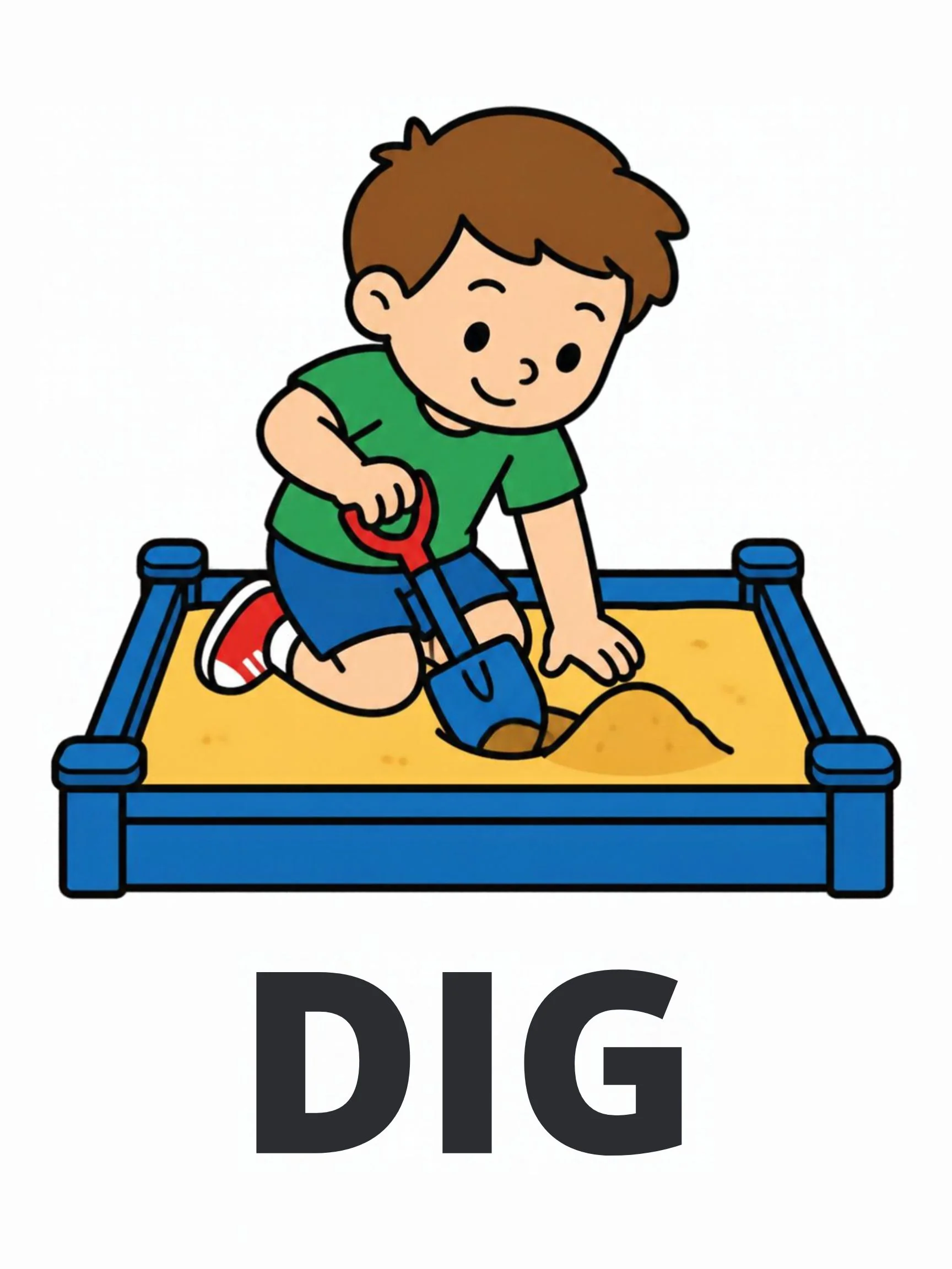 A Playground flashcard with the word "Dig" and a boy digging in a blue sandbox with a red spade.