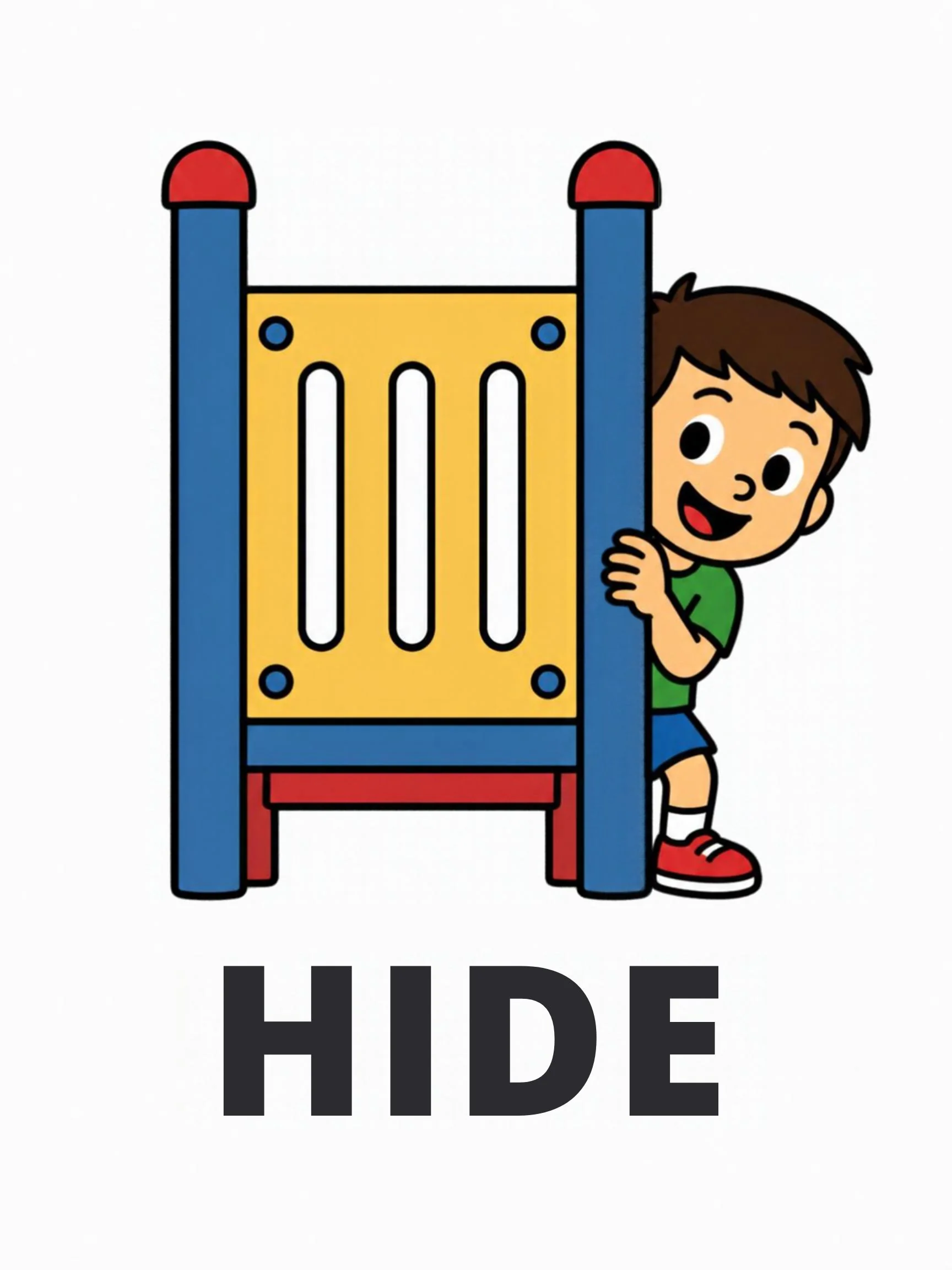 A Playground flashcard with the word "Hide" and a boy peeking out from behind a yellow and red play panel.