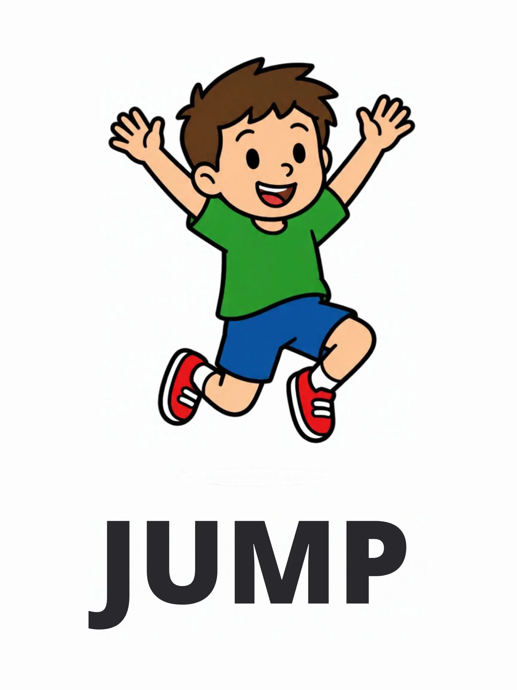 A Playground flashcard with the word "Jump" and a boy jumping mid-air with both arms up.