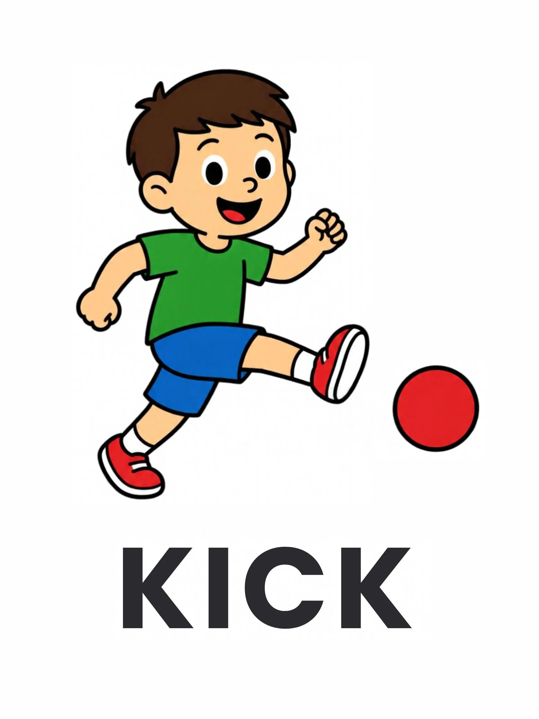 A Playground flashcard with the word "Kick" and a boy kicking a red ball.