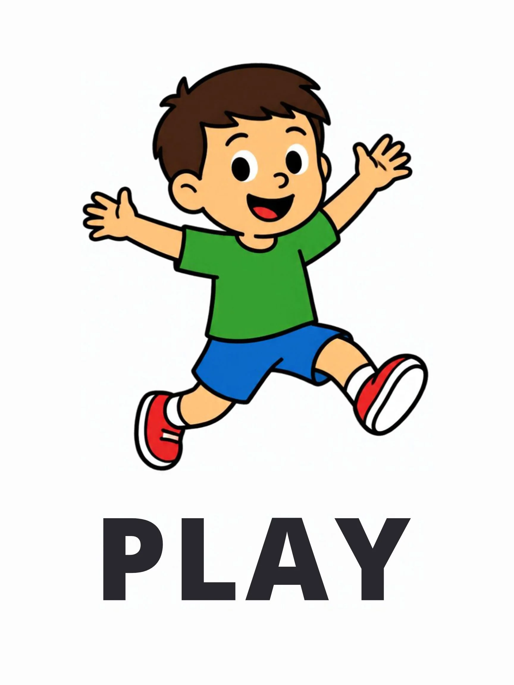 A Playground flashcard with the word "Play" and a boy running with both arms spread wide.