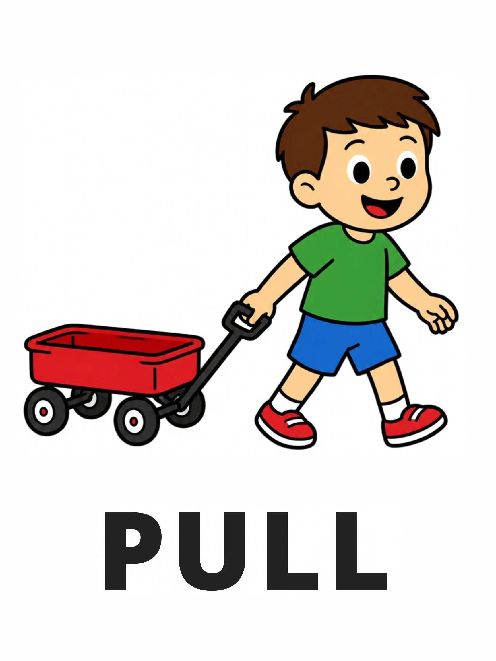 A Playground flashcard with the word "Pull" and a boy pulling a little red wagon.