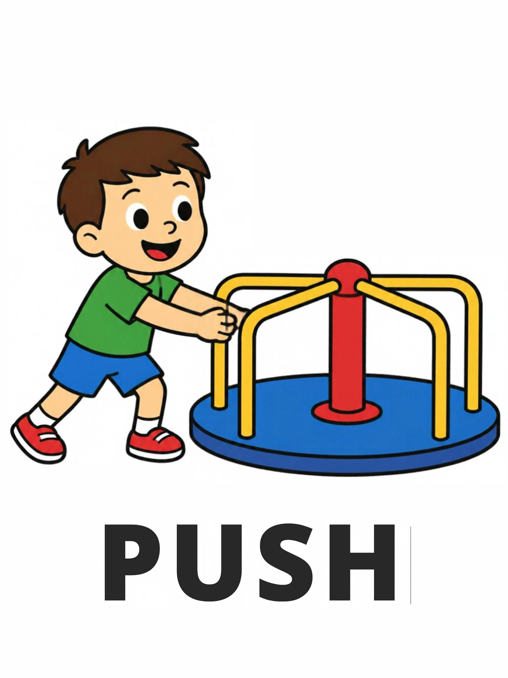 A Playground flashcard with the word "Push" and two children pushing a blue and yellow roundabout.