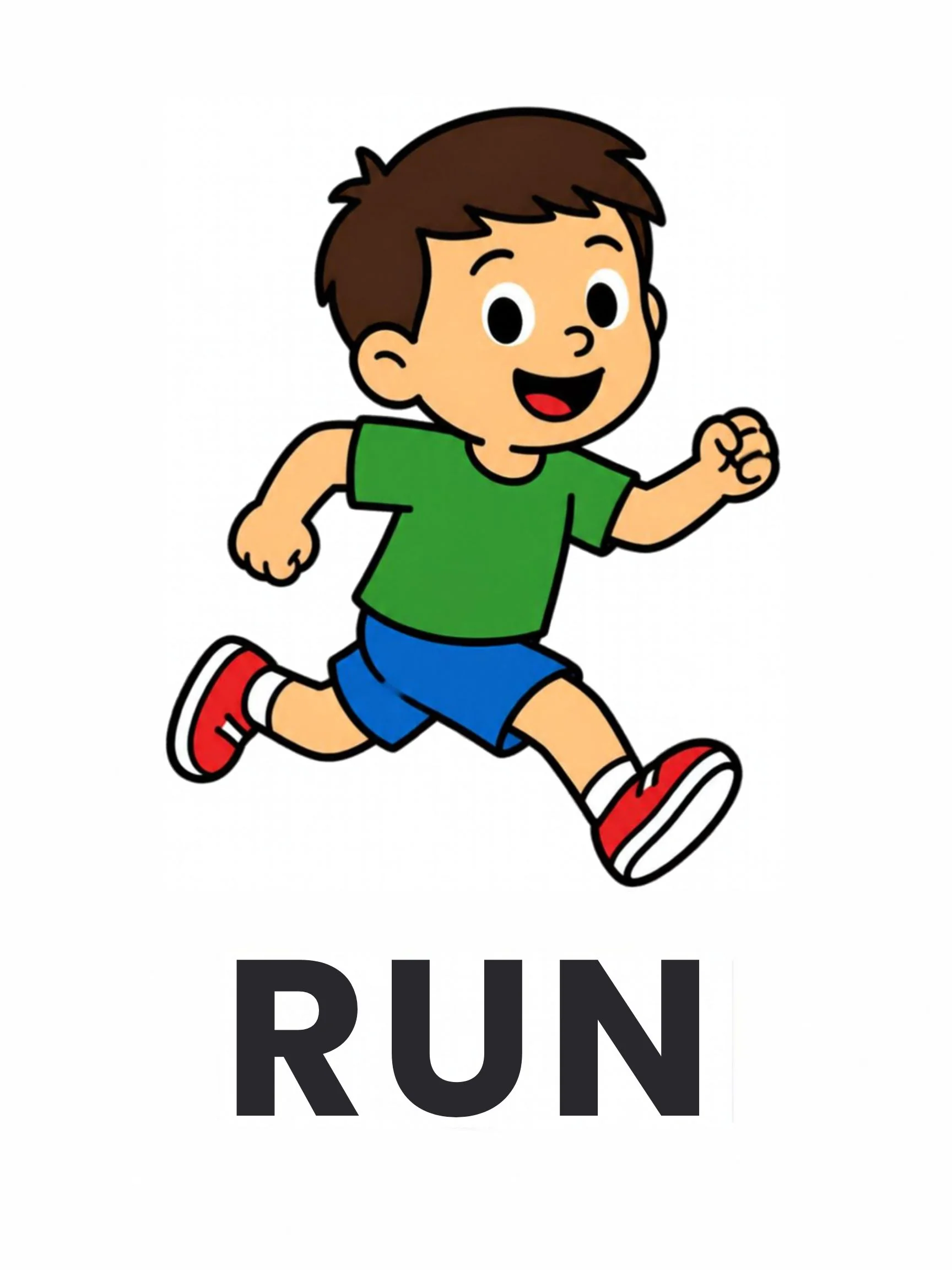 A Playground flashcard with the word "Run" and a boy running flat out.