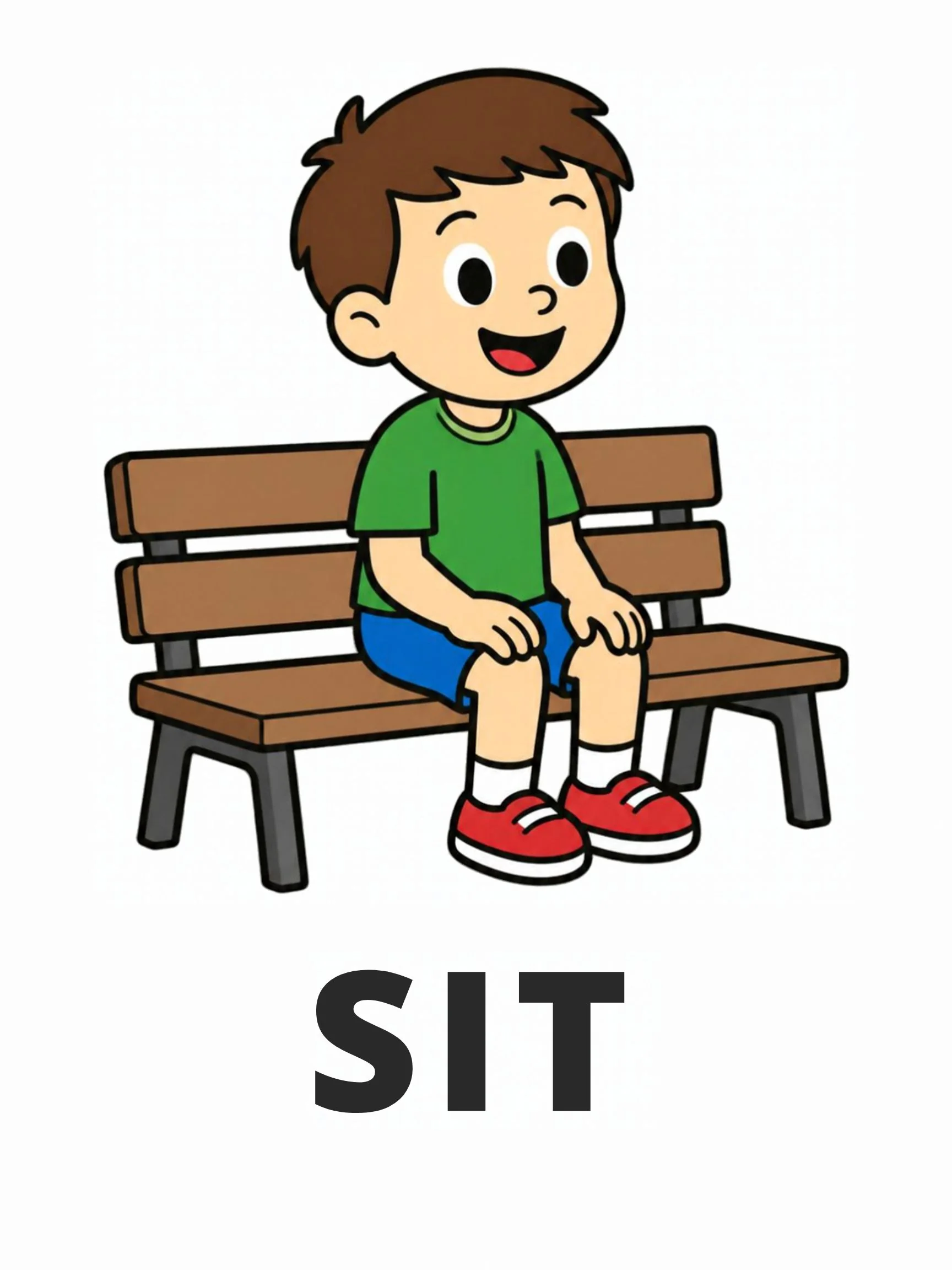 A Playground flashcard with the word "Sit" and a boy sitting on a brown bench.