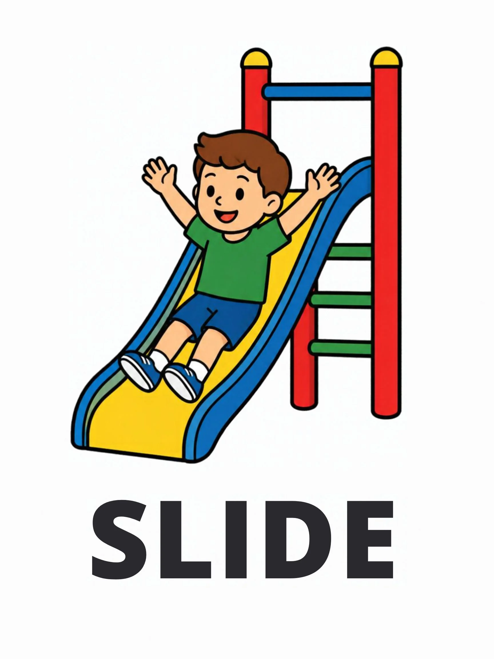 A Playground flashcard with the word "Slide" and a boy going down a yellow slide with a red and blue frame.