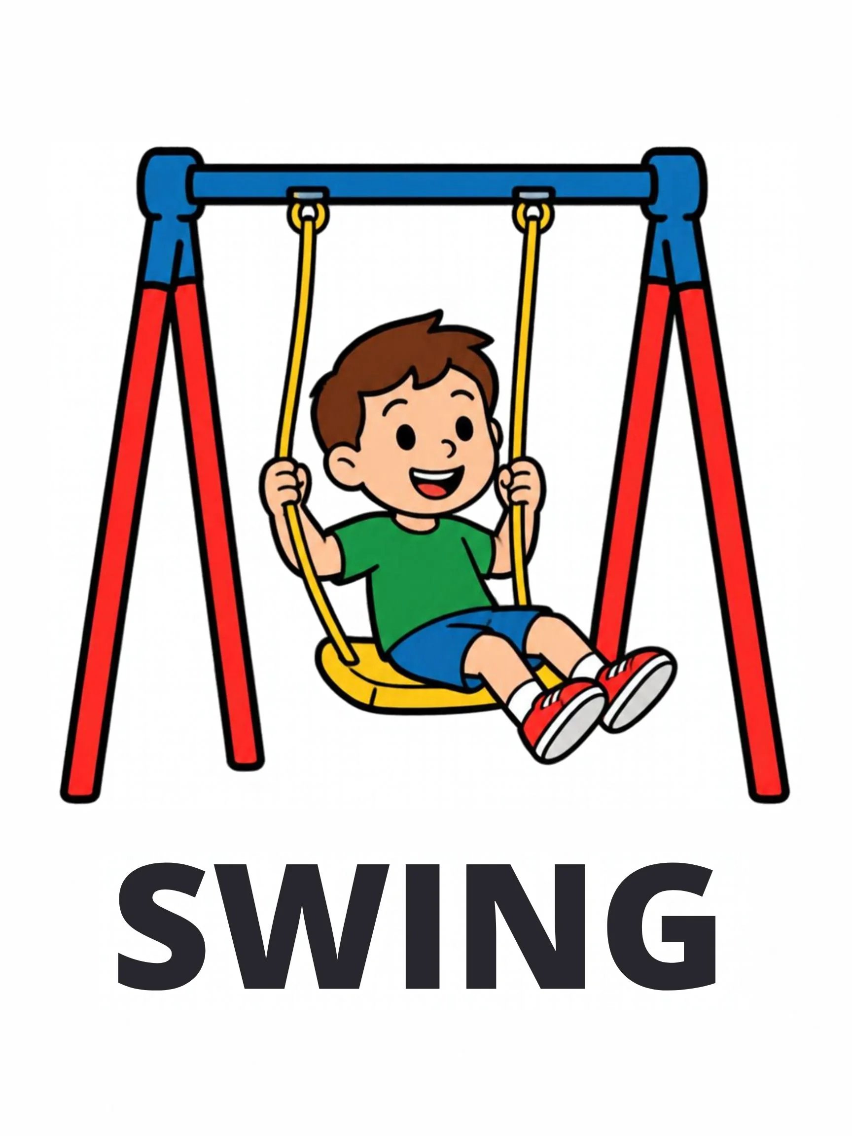 A Playground flashcard with the word "Swing" and a boy swinging on a red A-frame swing.