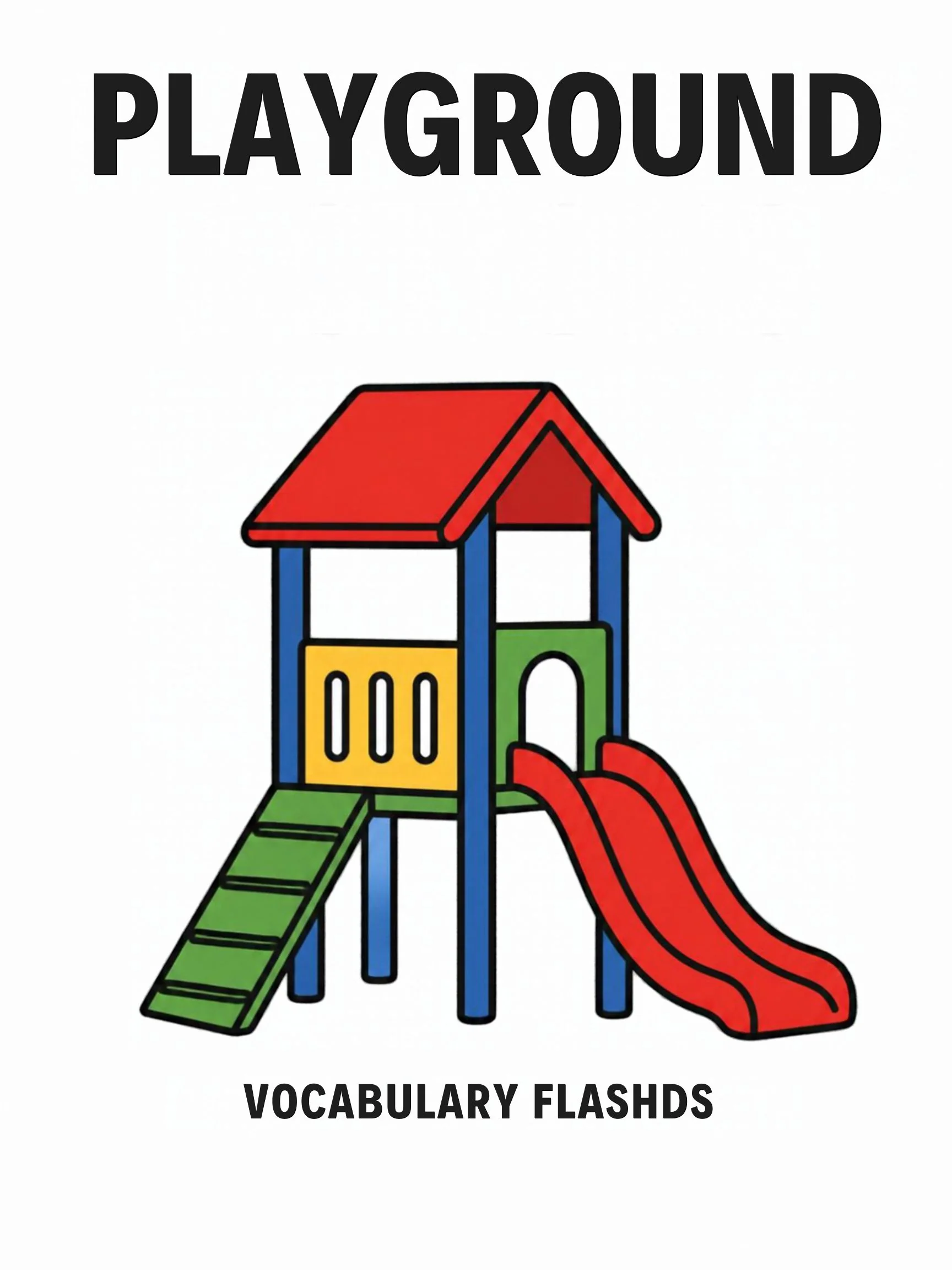 Cover of the Playground flashcards set: the words "Playground — Vocabulary Flashcards" over a play tower with a red roof and a red slide.