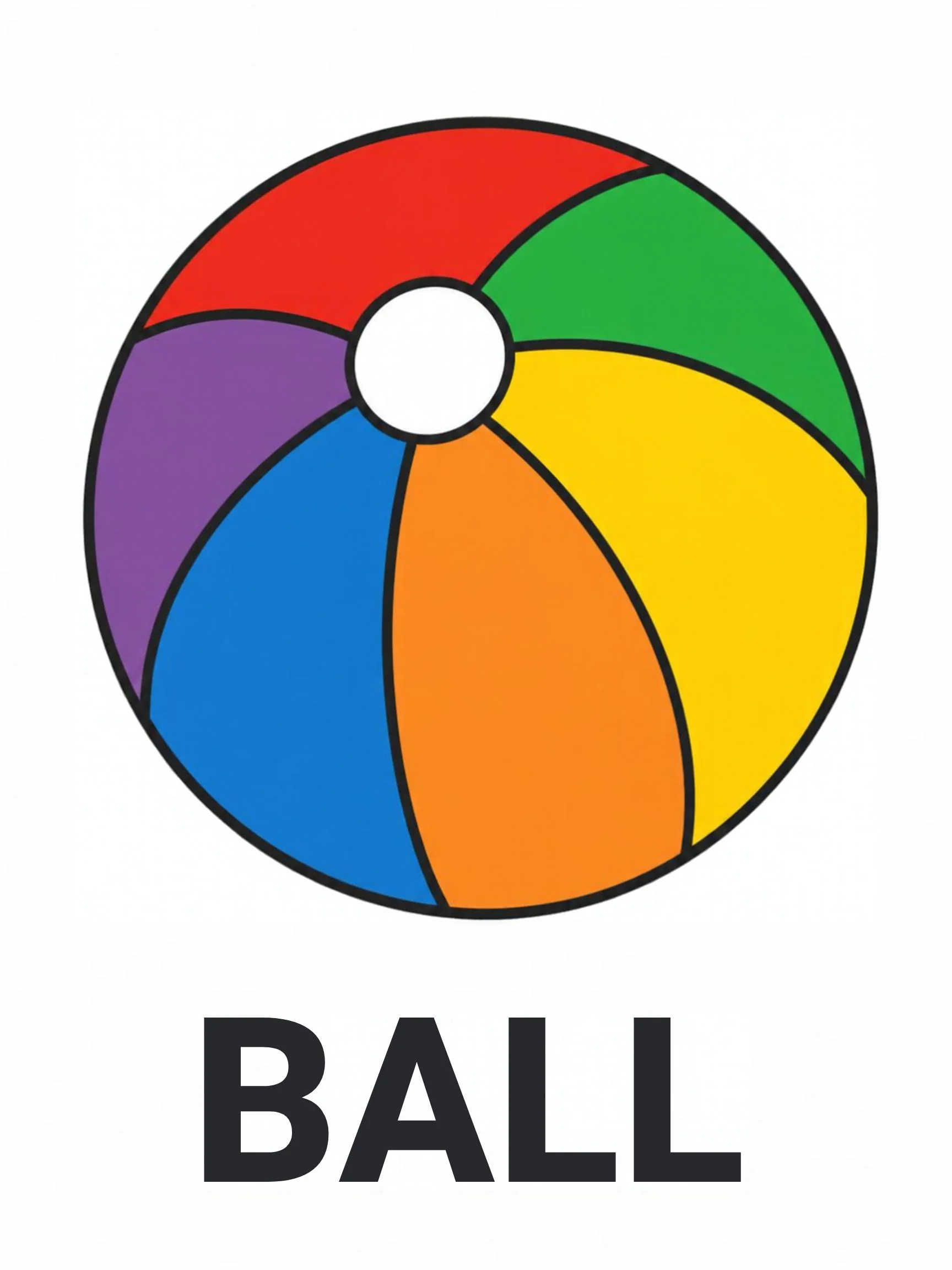 A Playground flashcard with the word "Ball" and a multicoloured beach ball in red, yellow, green, blue and purple.