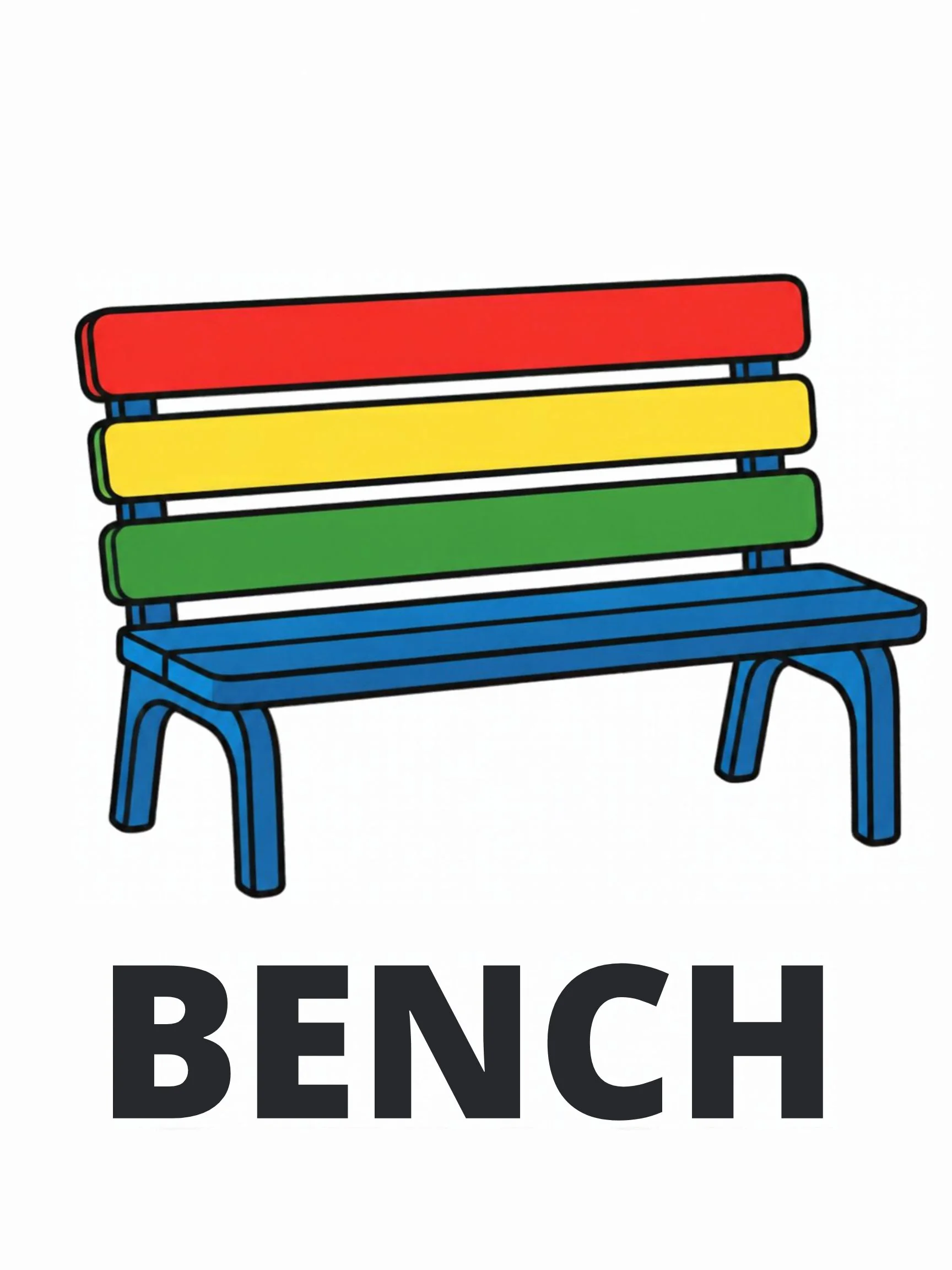 A Playground flashcard with the word "Bench" and a slatted bench painted in red, yellow and green.