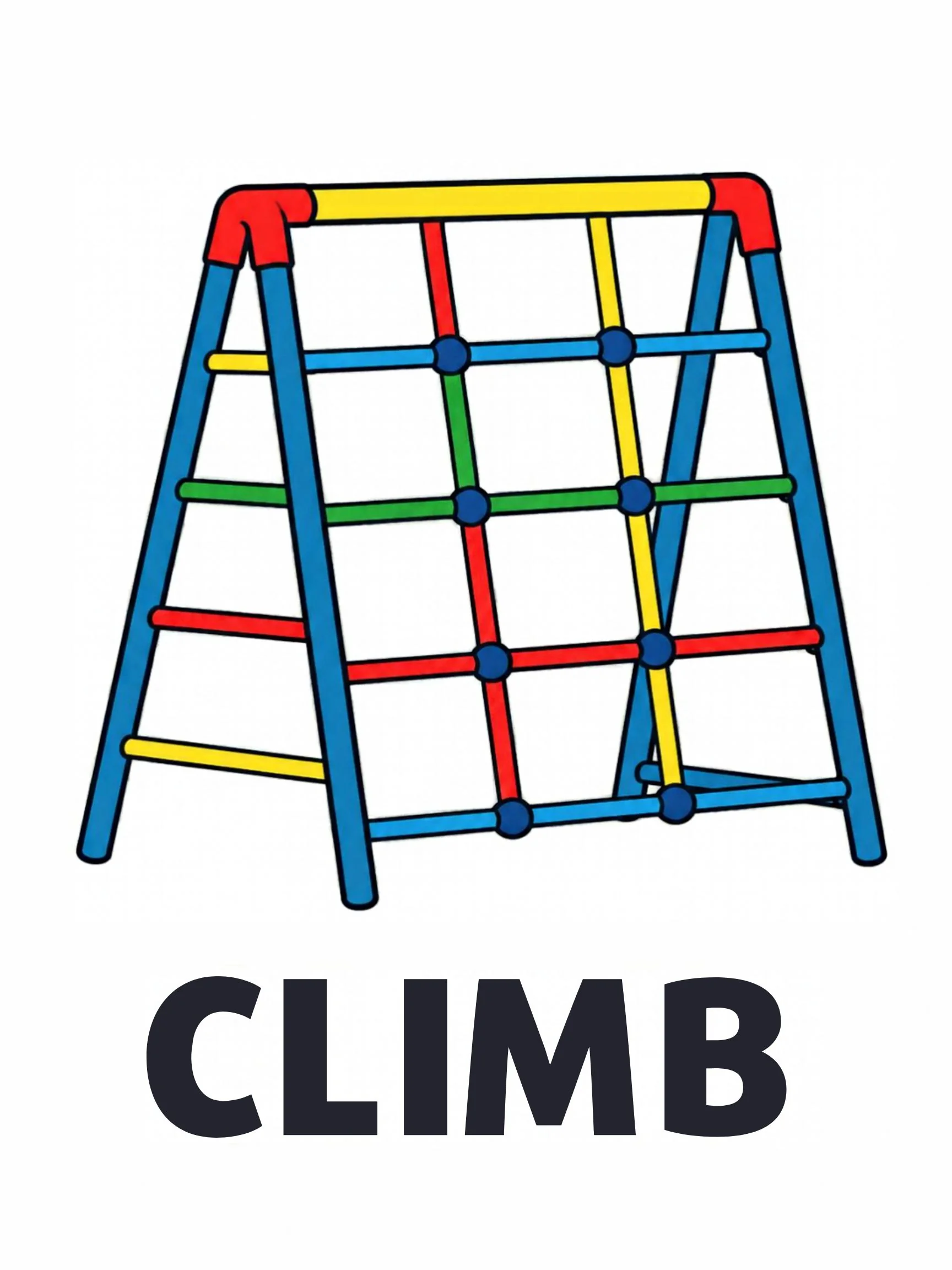 A Playground flashcard with the word "Climb" and a red, yellow and blue dome climbing frame.