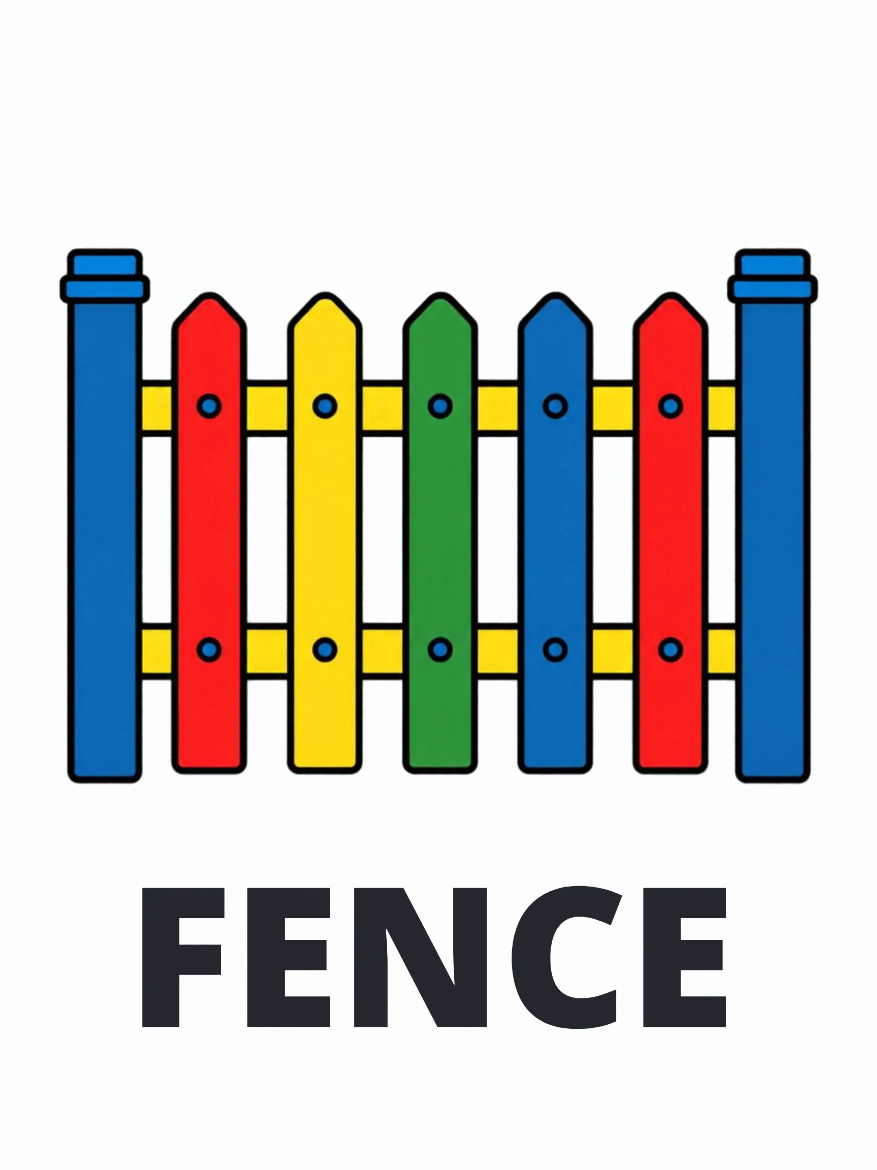 A Playground flashcard with the word "Fence" and a picket fence painted in red, yellow and green.