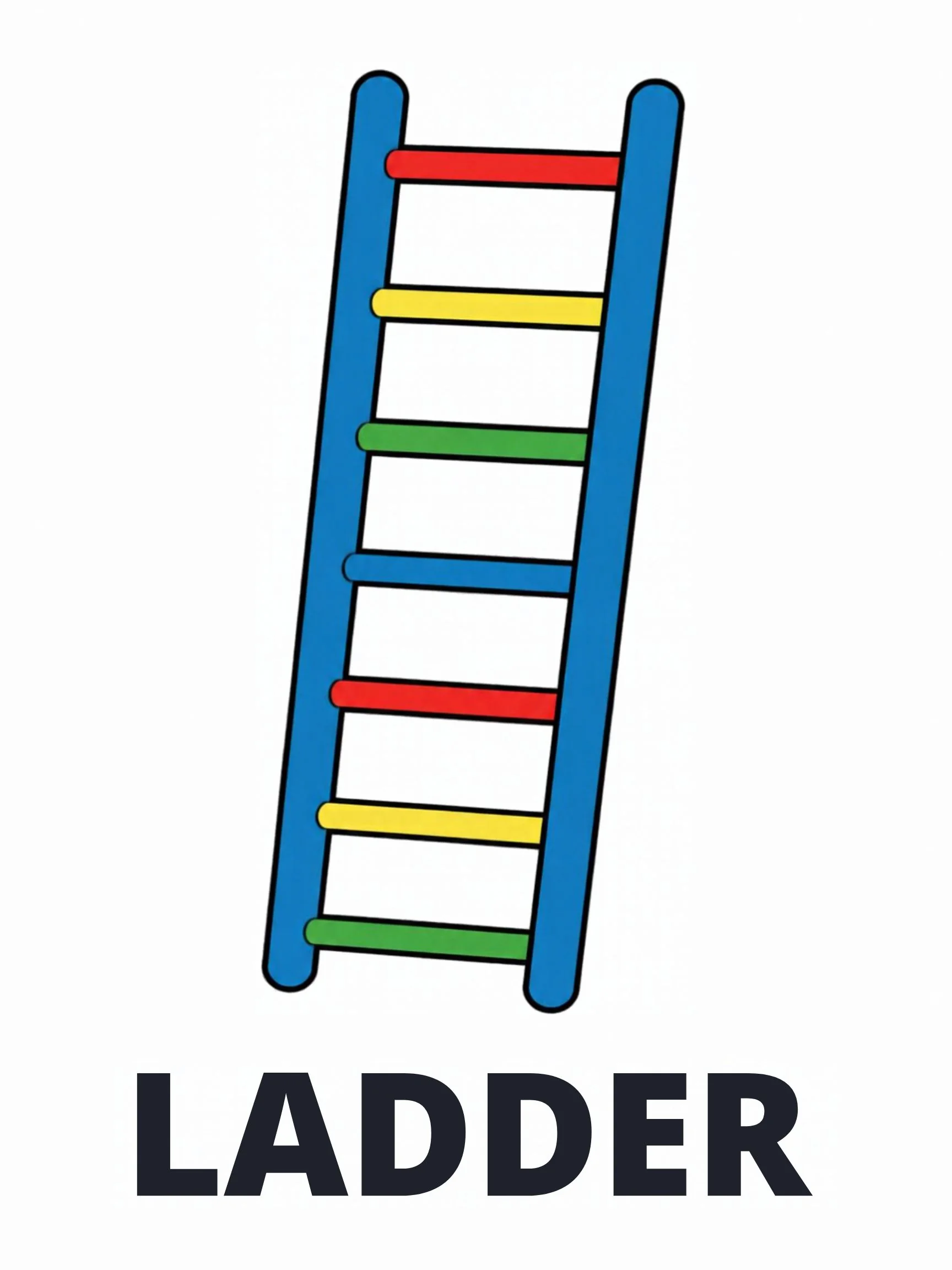 A Playground flashcard with the word "Ladder" and a blue ladder with rainbow-coloured rungs.