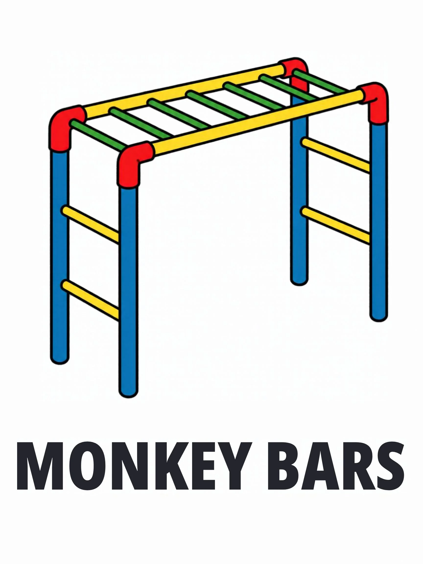 A Playground flashcard with the words "Monkey Bars" and a yellow and blue monkey-bar frame.