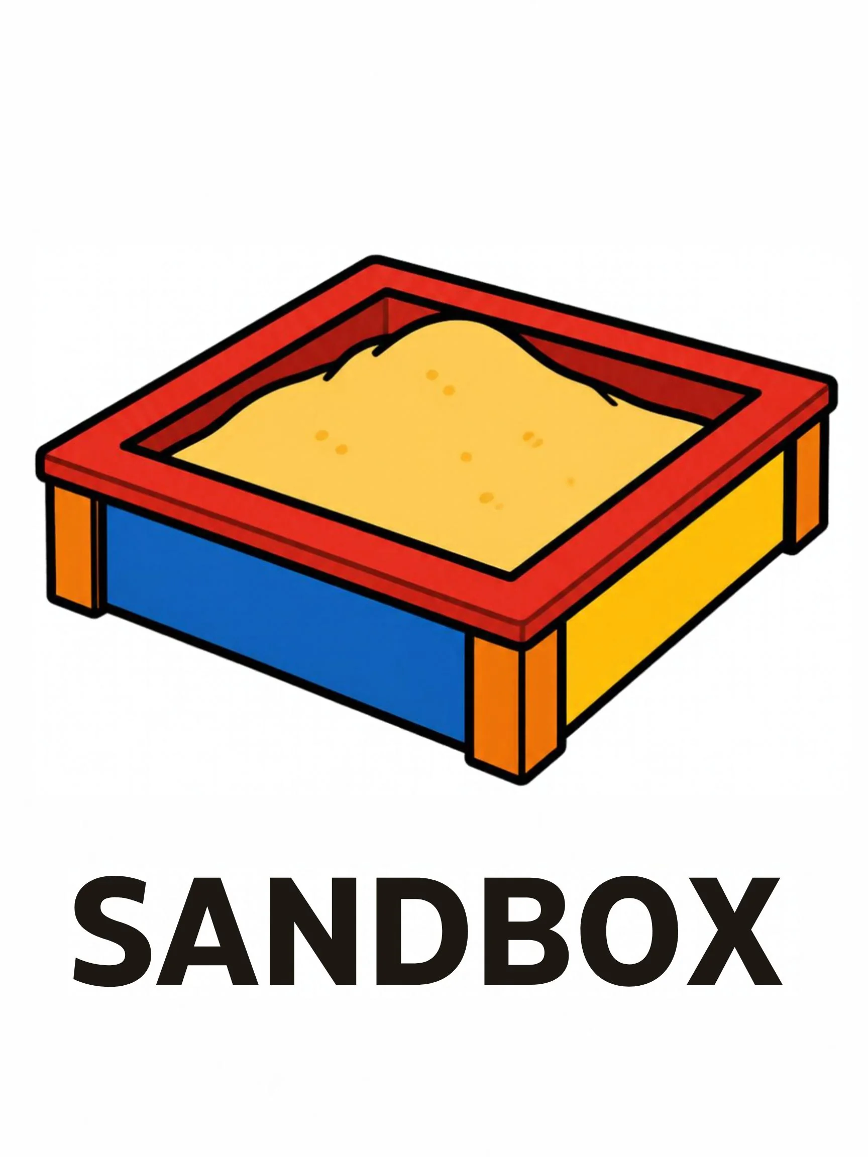 A Playground flashcard with the word "Sandbox" and a red and blue sandbox filled with yellow sand.