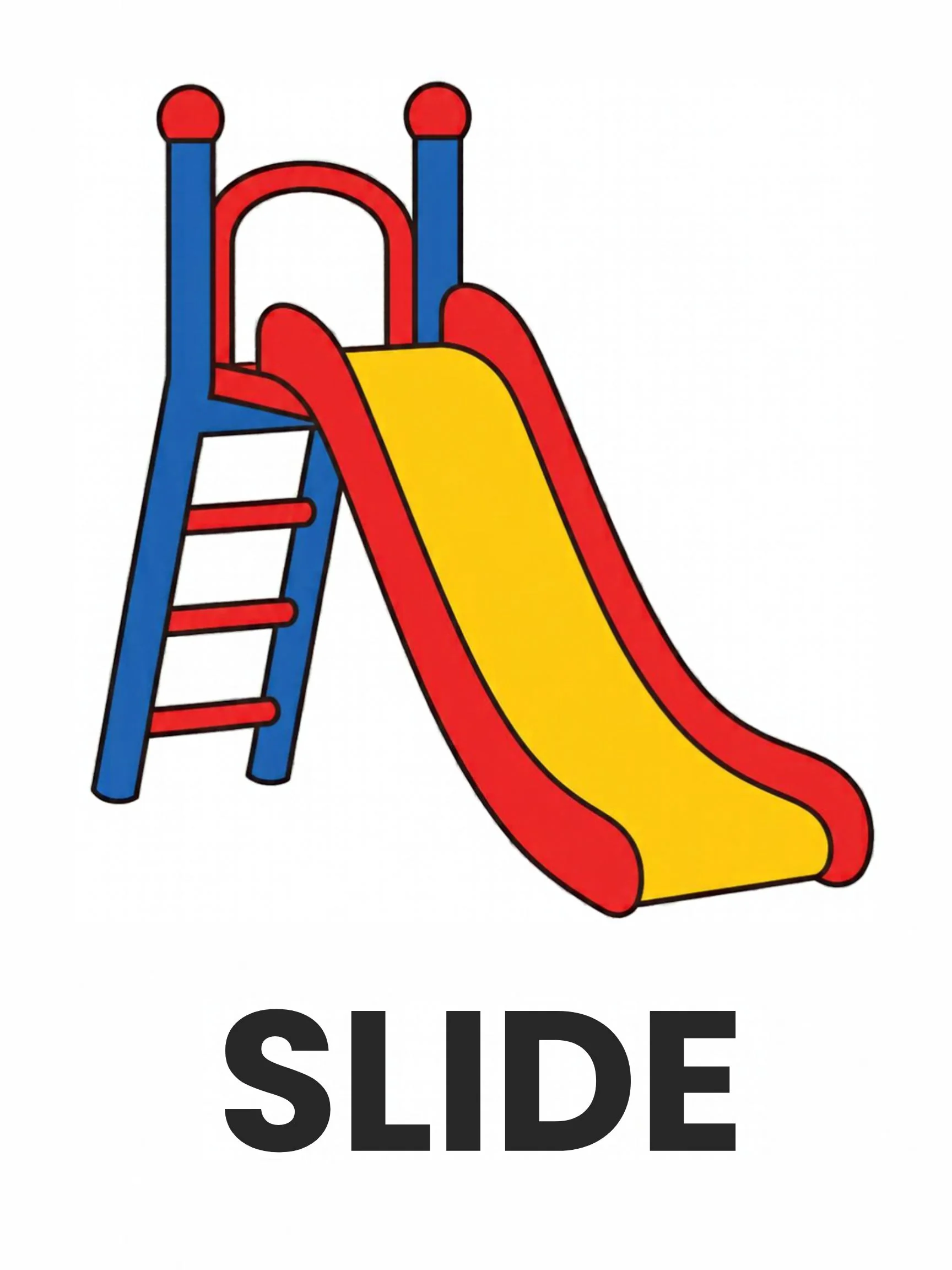 A Playground flashcard with the word "Slide" and a red and yellow slide with a blue ladder.