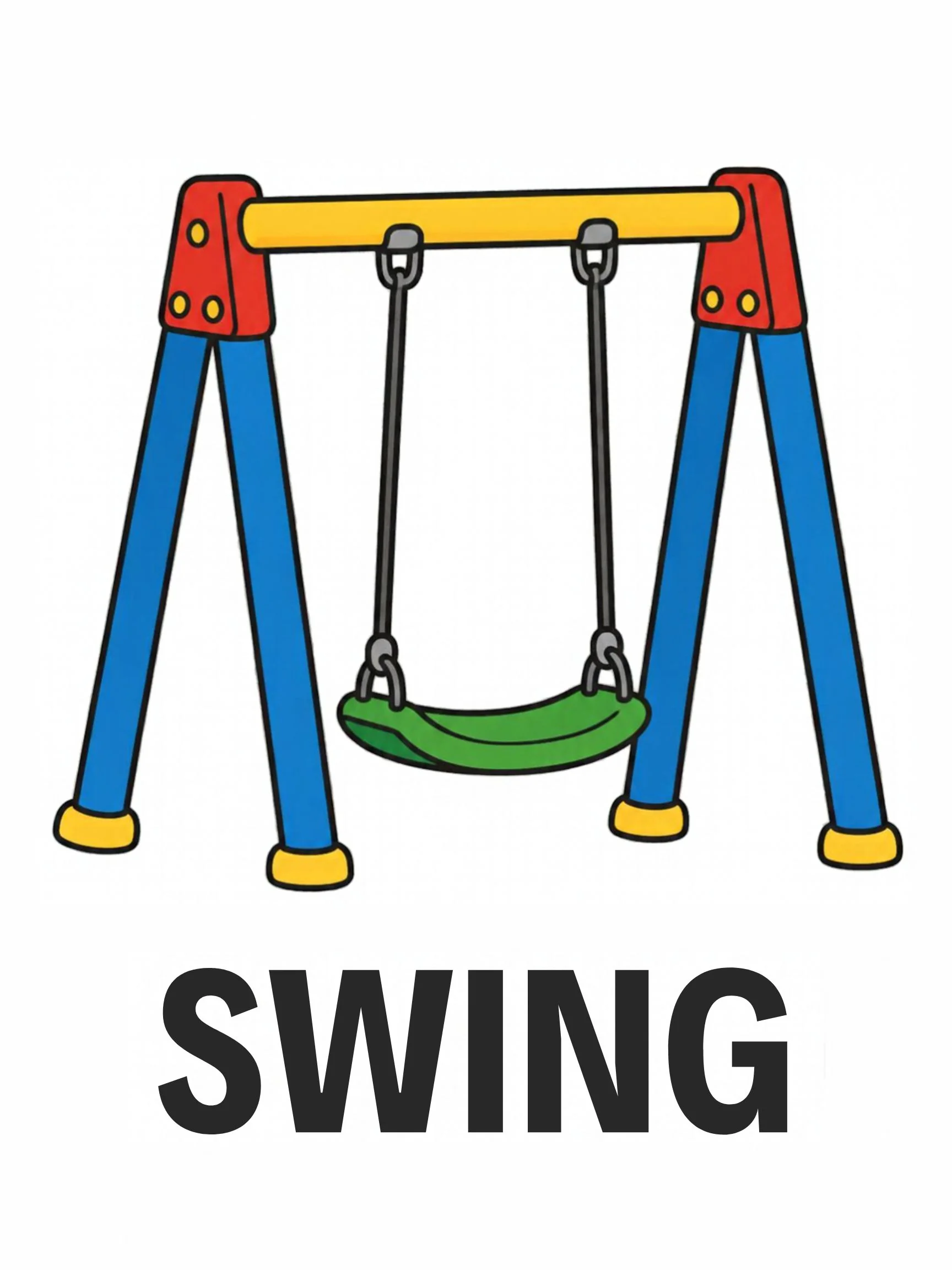 A Playground flashcard with the word "Swing" and a blue A-frame swing with a green seat.