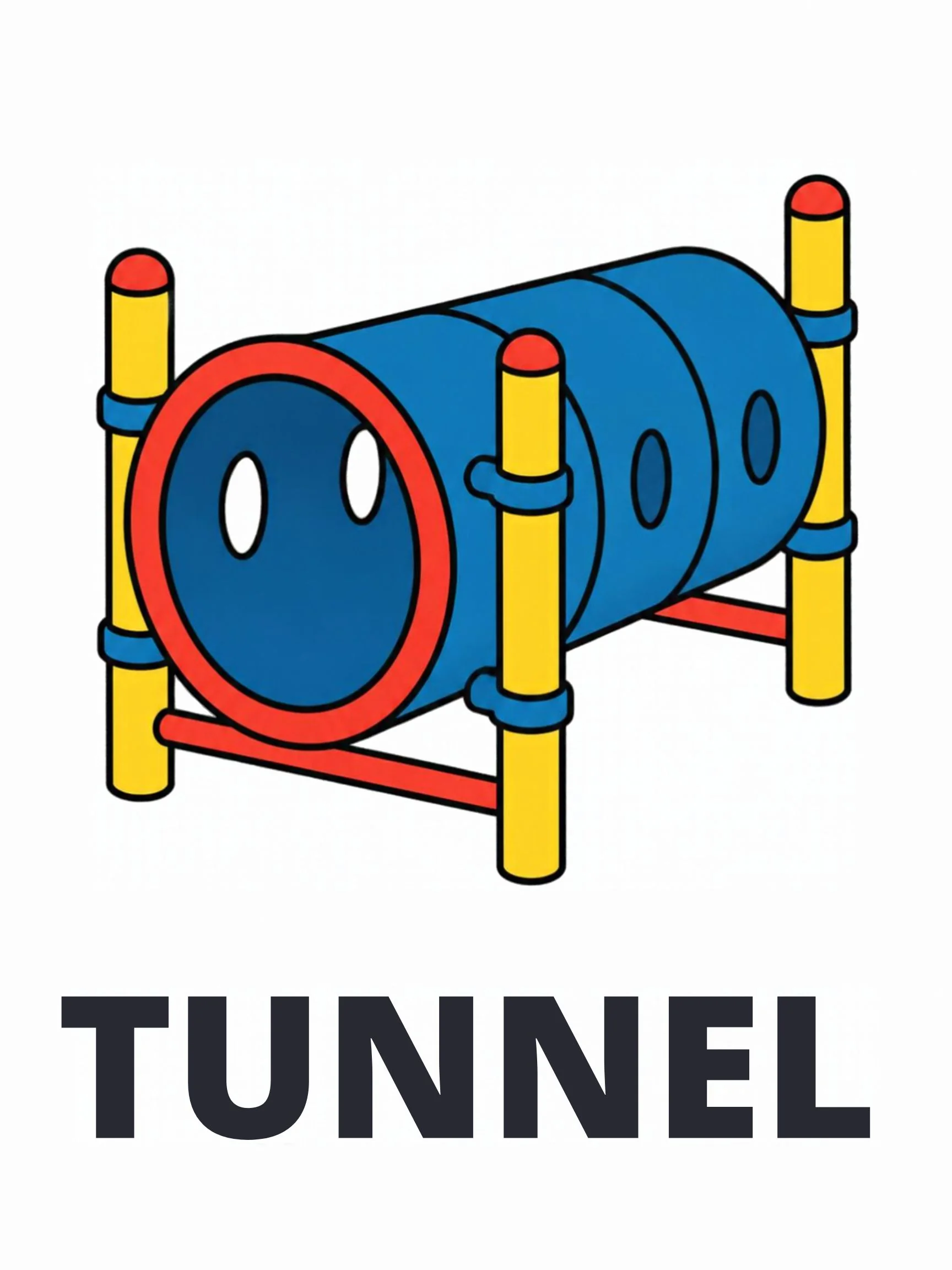 A Playground flashcard with the word "Tunnel" and a blue and yellow crawl tunnel.