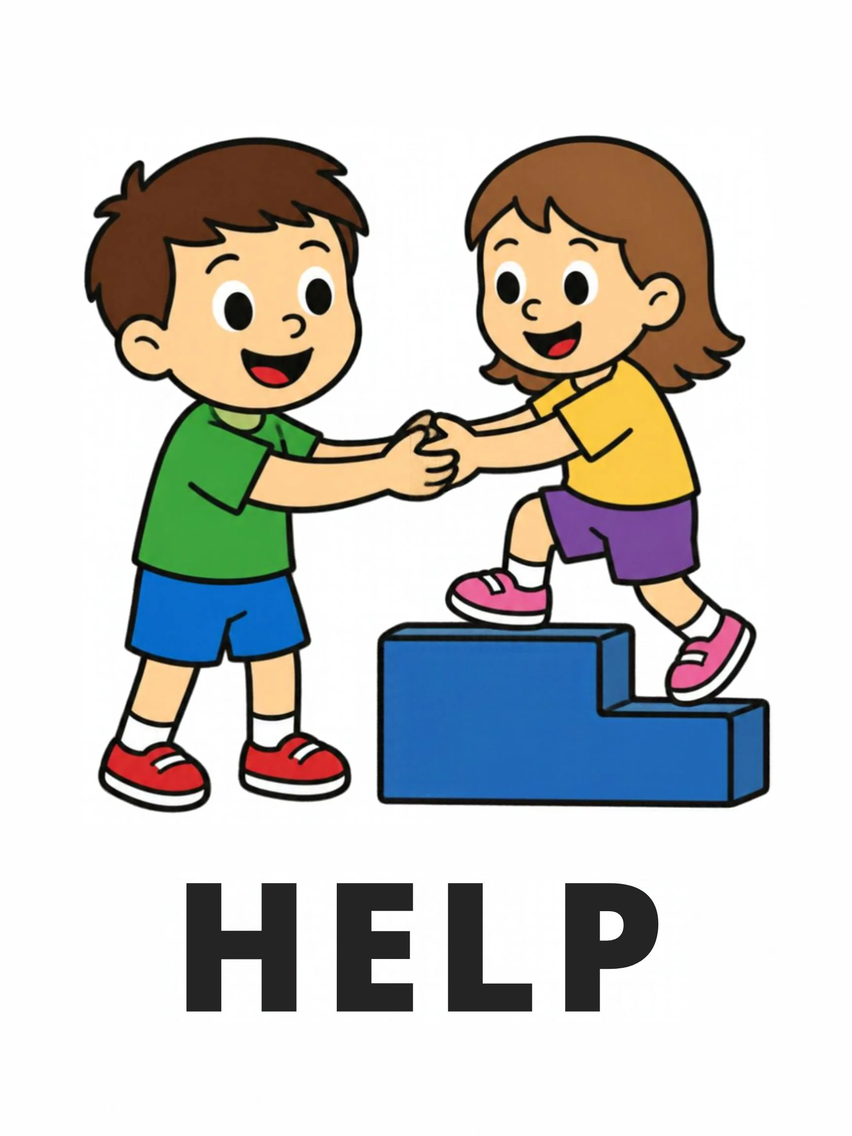 A Playground flashcard with the word "Help" and one child helping another up a blue step.