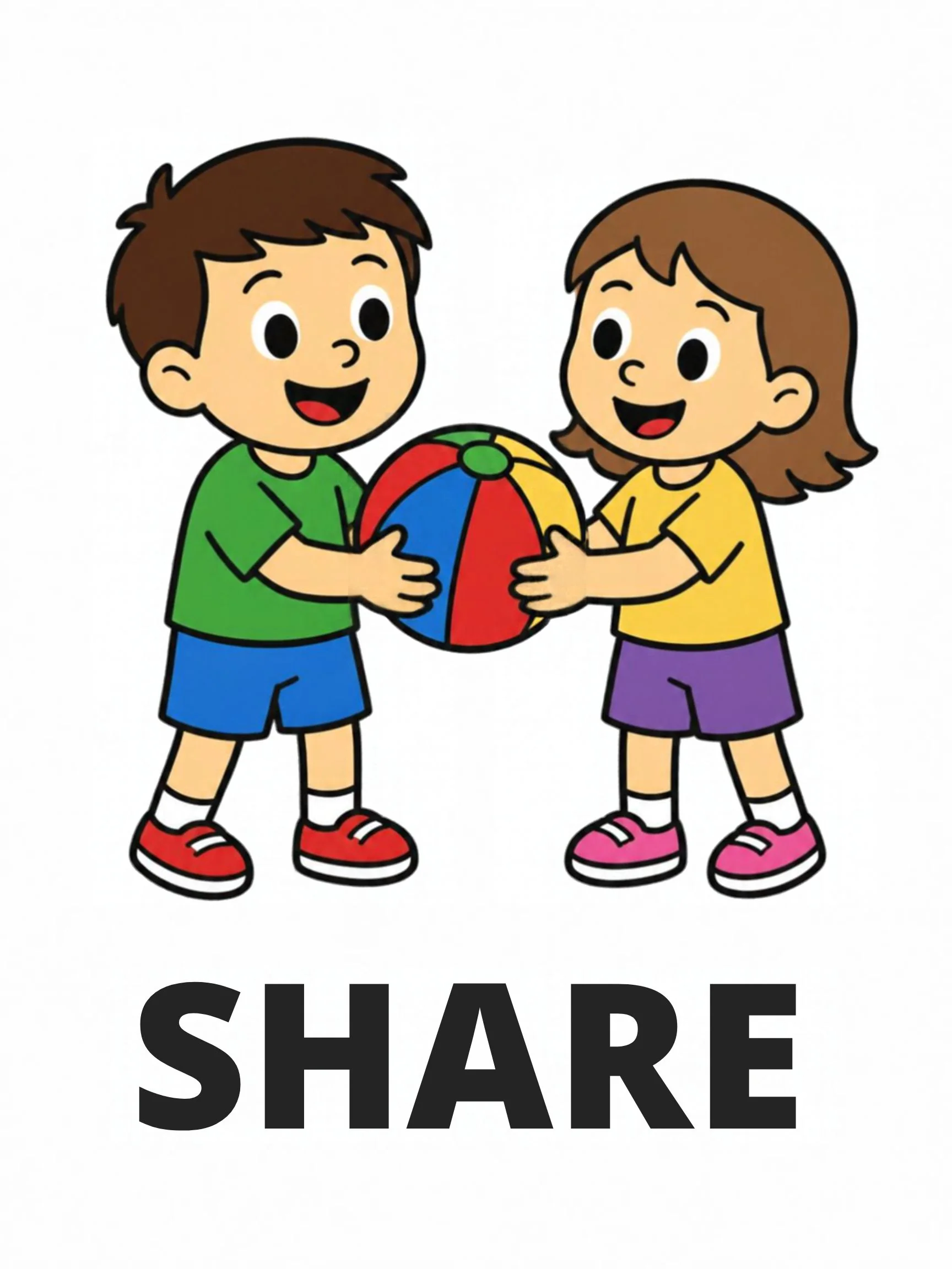 A Playground flashcard with the word "Share" and two children holding one beach ball together.