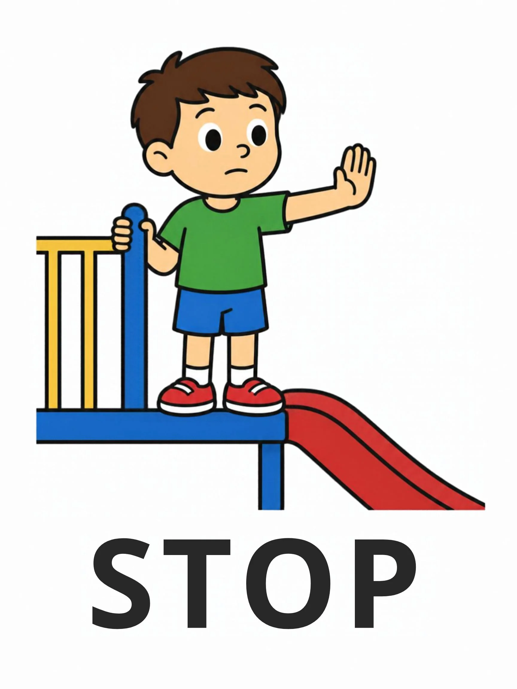 A Playground flashcard with the word "Stop" and a boy at the top of a red slide holding up his hand.