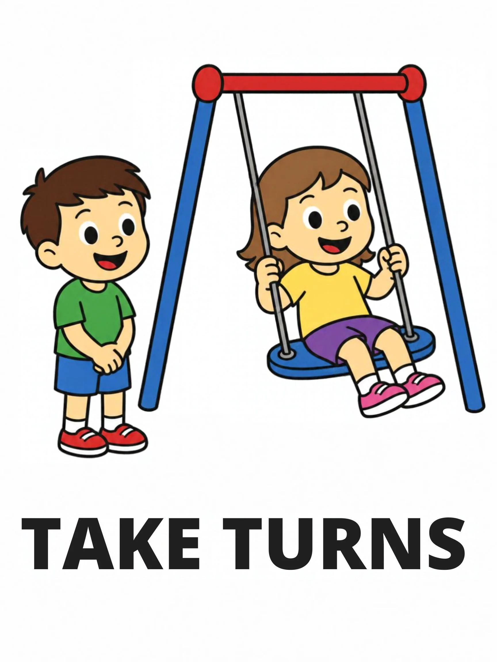 A Playground flashcard with the words "Take Turns" and a girl on a swing while a boy waits beside her.