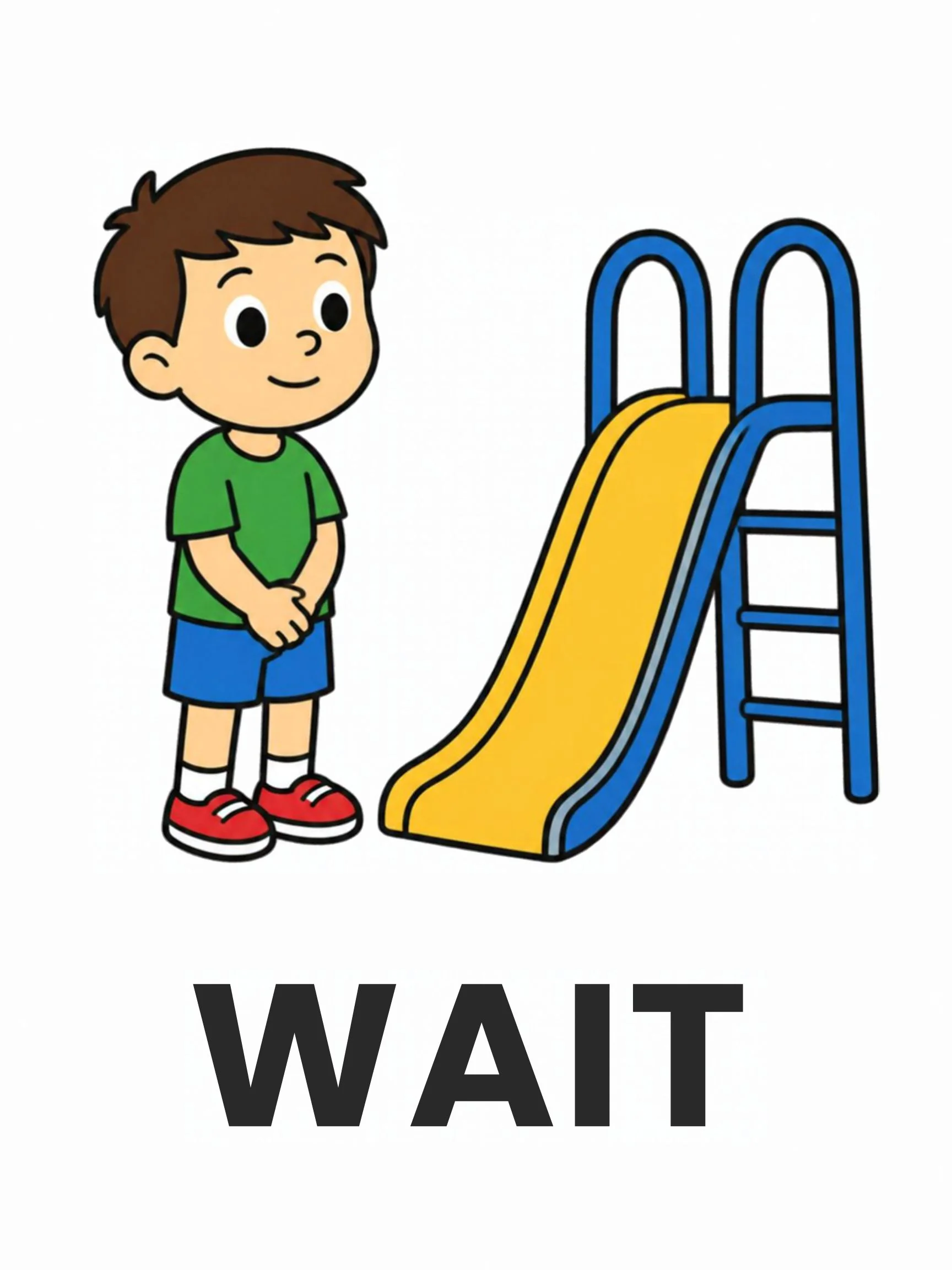 A Playground flashcard with the word "Wait" and two boys waiting patiently by a yellow slide.