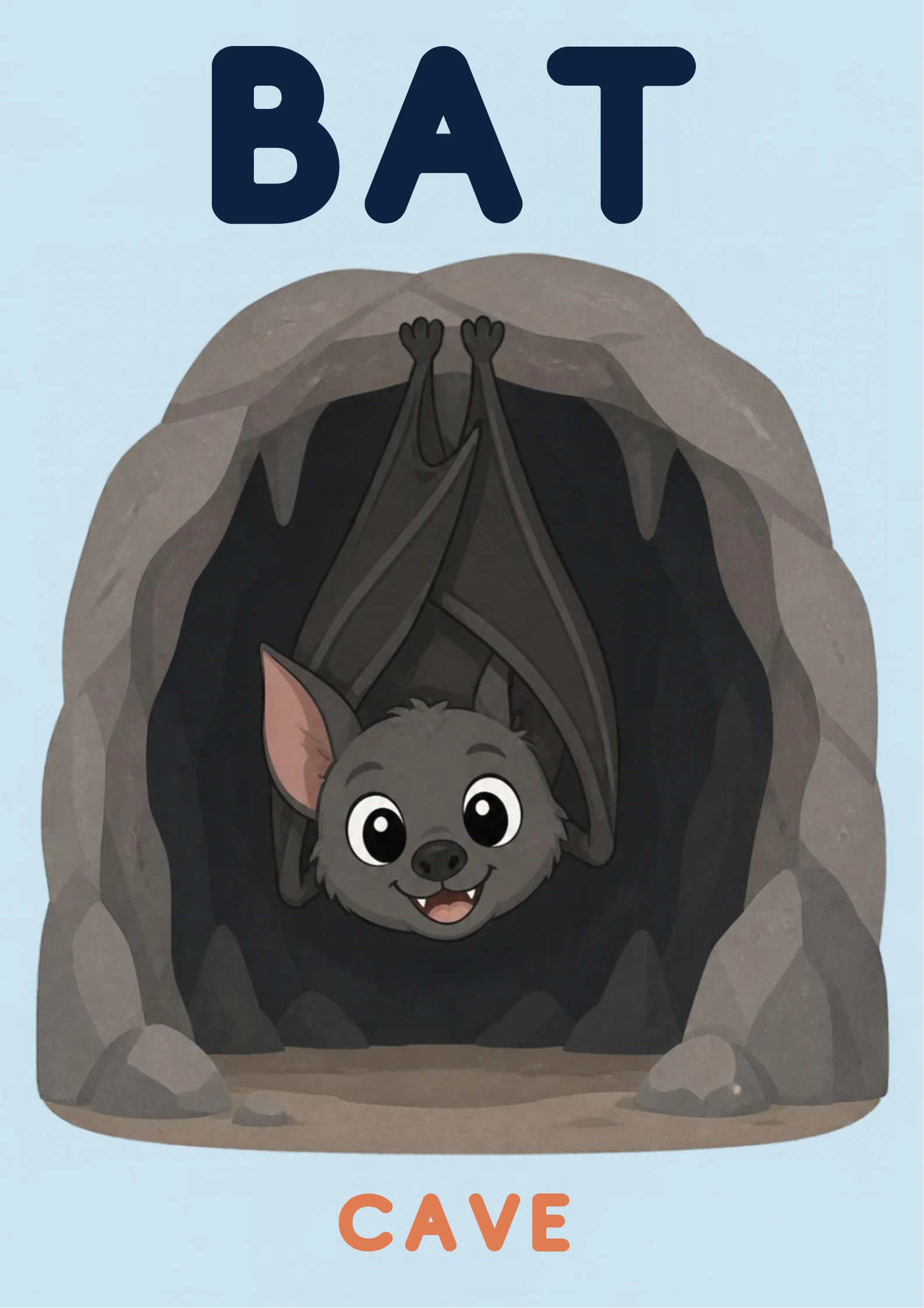A habitat flashcard titled Bat: a smiling grey bat hangs upside down by its feet inside a rocky cave entrance, with the word "cave" printed below.