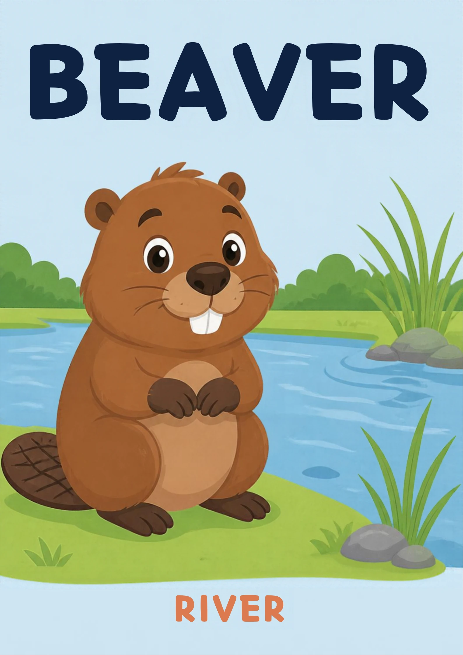 A habitat flashcard titled Beaver: a brown beaver with a flat paddle tail and big front teeth sits on a grassy riverbank, with the word "river" printed below.