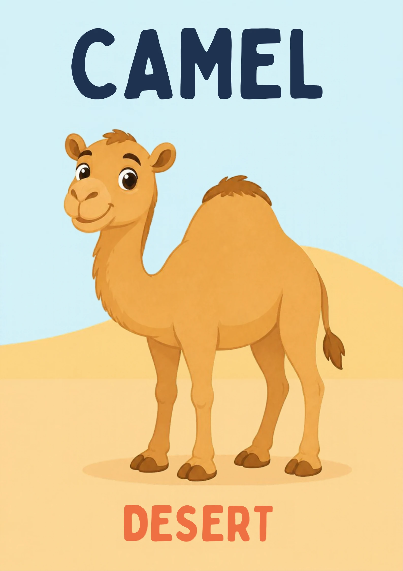 A habitat flashcard titled Camel: a tan one-humped camel stands before rolling sand dunes, with the word "desert" printed below.
