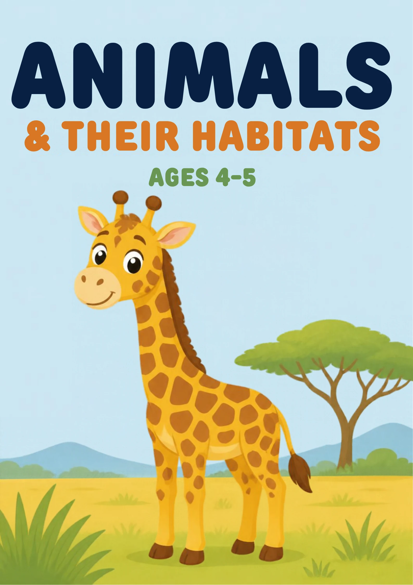 Cover of the Animals & Their Habitats flashcards set from Kiddo School: the title over a smiling giraffe beside an acacia tree in savanna grass.