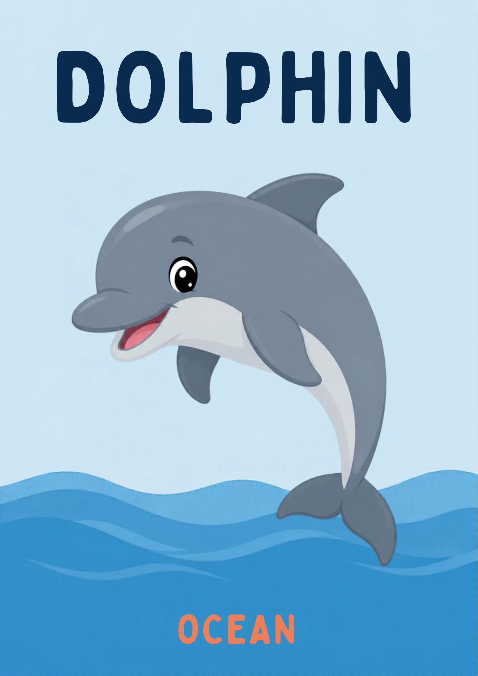 A habitat flashcard titled Dolphin: a grey dolphin with a white belly leaps above rolling blue ocean waves, with the word "ocean" printed below.