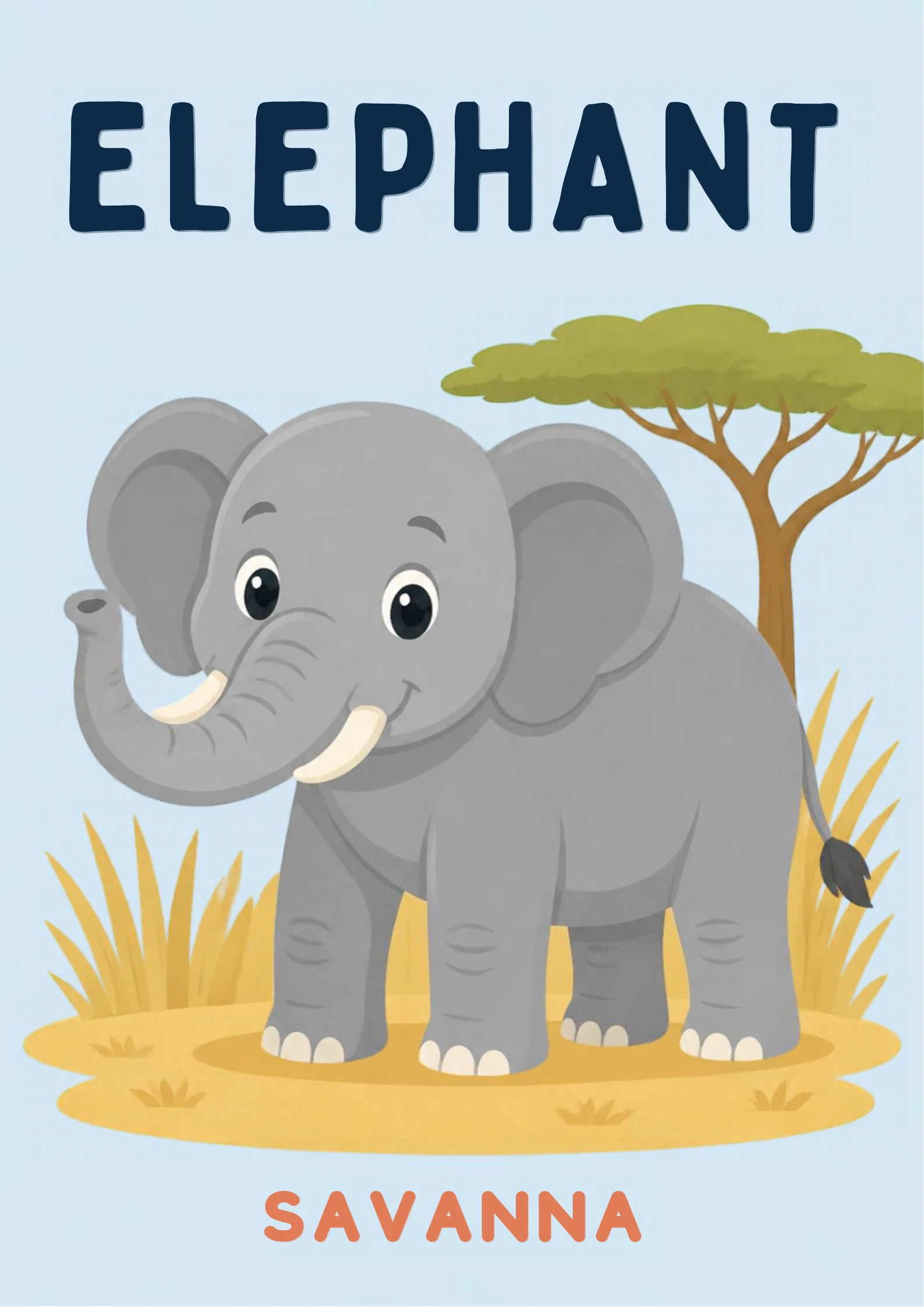 A habitat flashcard titled Elephant: a grey elephant with white tusks stands under an acacia tree in golden savanna grass, with the word "savanna" printed below.