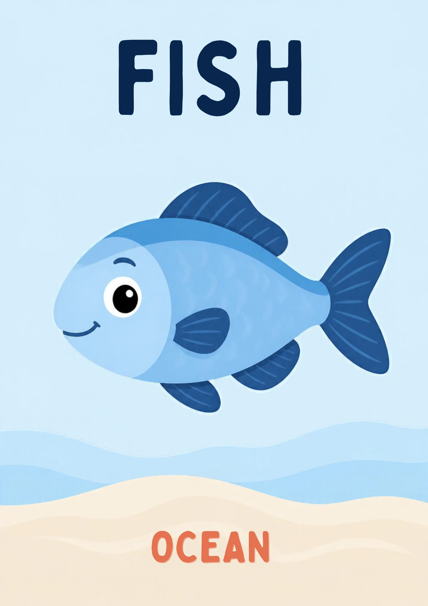 A habitat flashcard titled Fish: a smiling blue fish with dark fins swims above a sandy seabed, with the word "ocean" printed below.