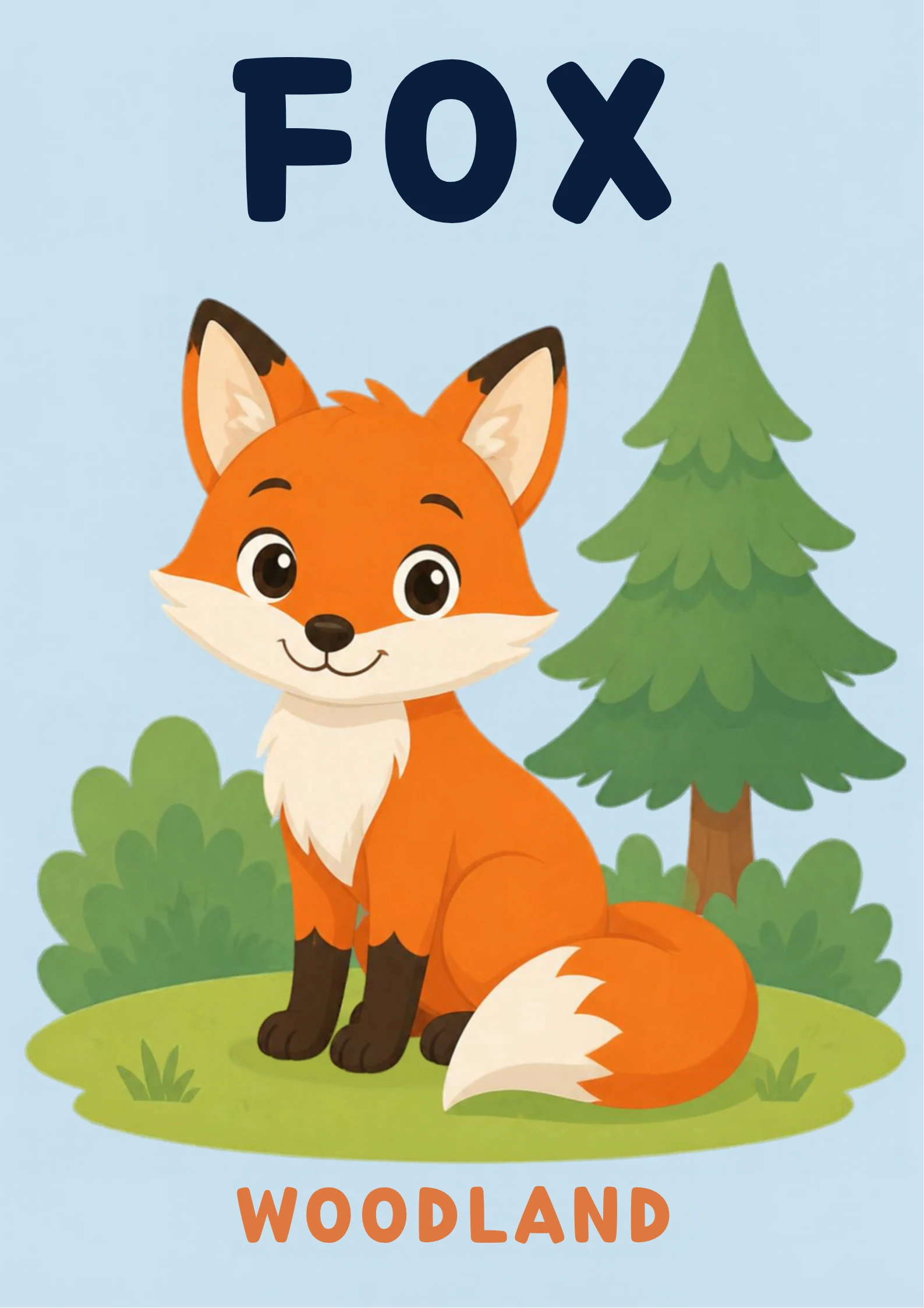 A habitat flashcard titled Fox: an orange fox with a white chest and black boots sits before a pine tree and green bushes, with the word "woodland" printed below.