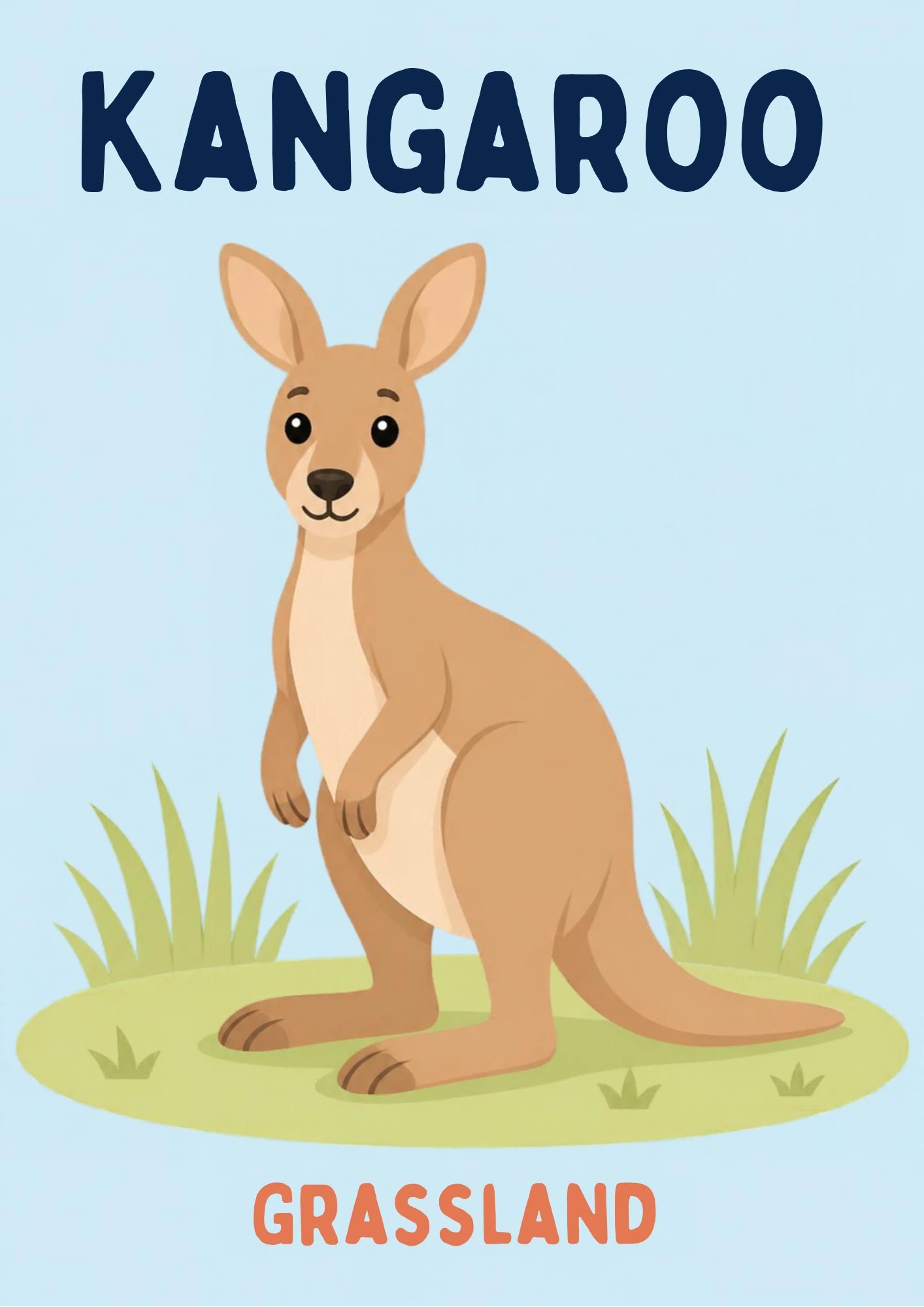 A habitat flashcard titled Kangaroo: a tan kangaroo with big ears and large feet stands upright between grass tussocks, with the word "grassland" printed below.