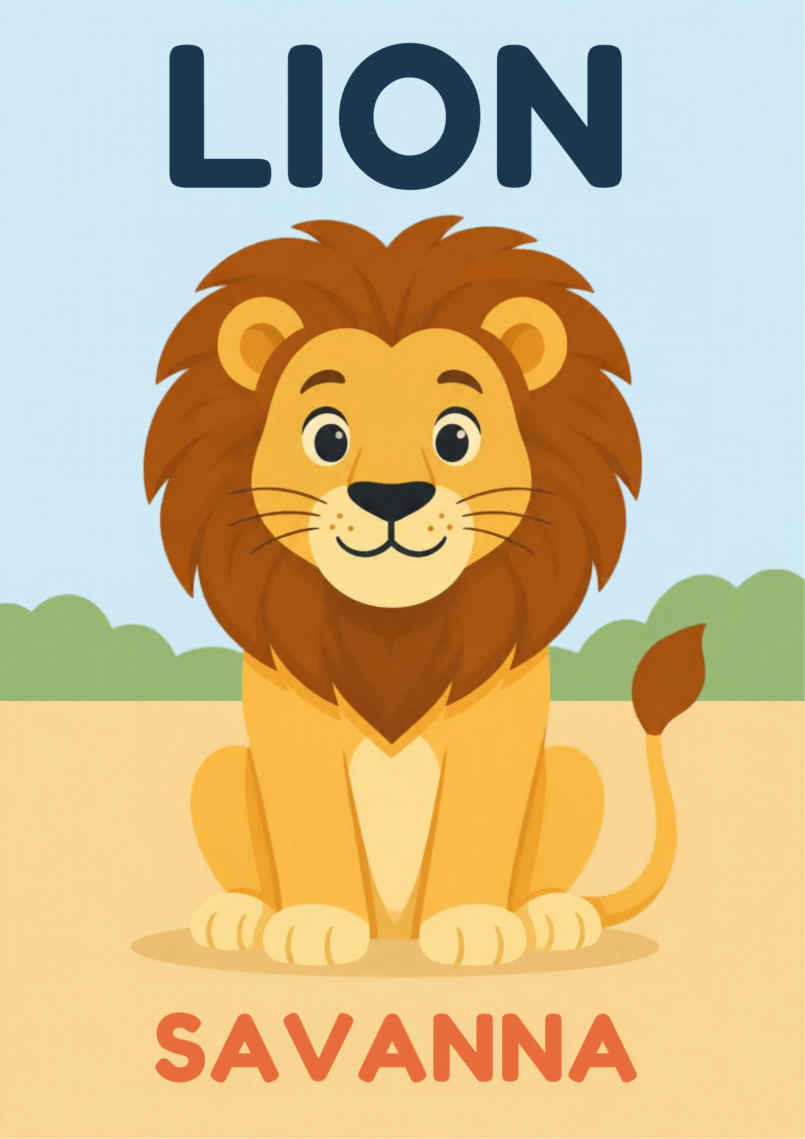 A habitat flashcard titled Lion: a golden lion with a big dark-brown mane sits on warm sand by green shrubs, with the word "savanna" printed below.