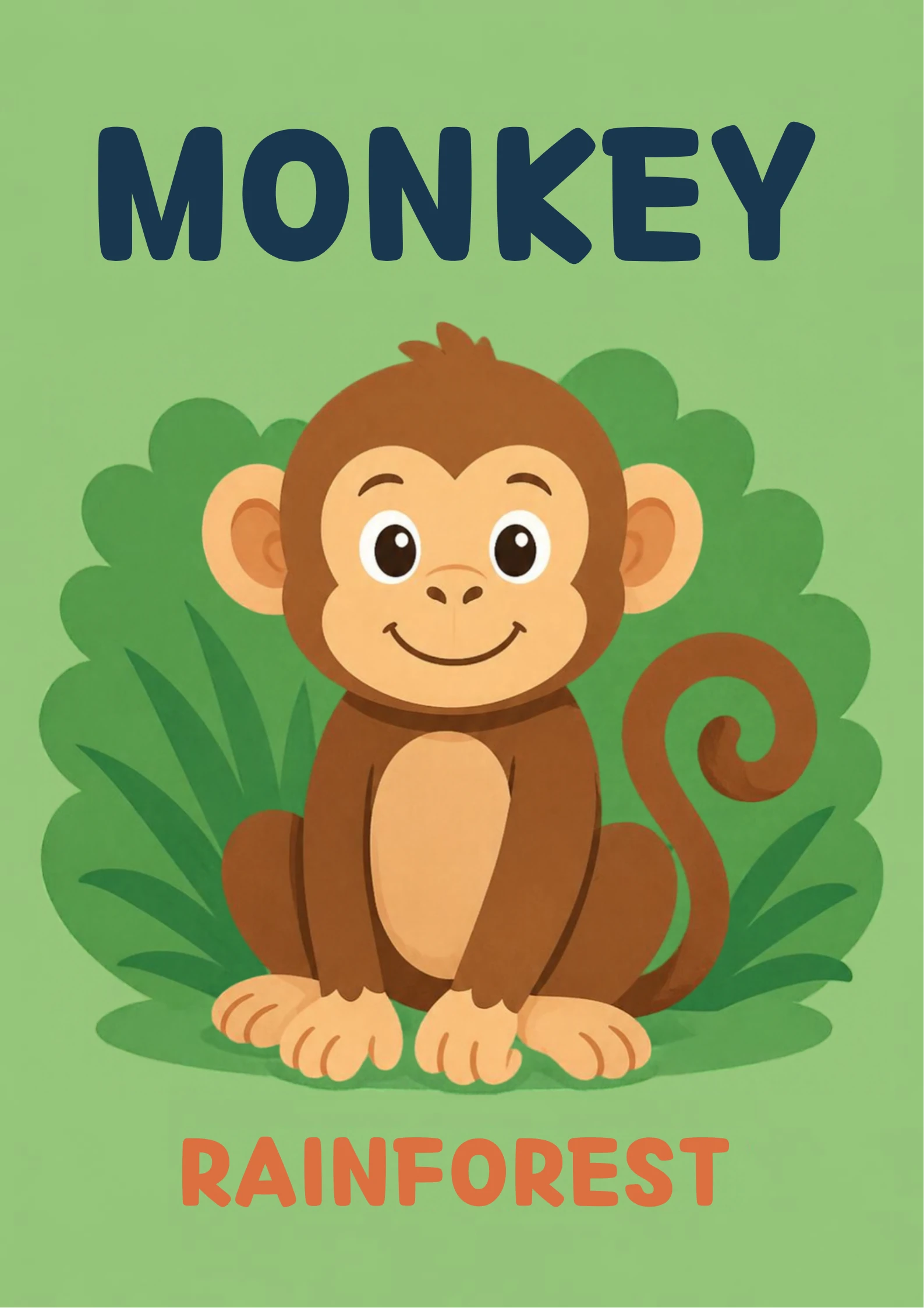 A habitat flashcard titled Monkey: a smiling brown monkey with a curled tail sits among lush green rainforest leaves, with the word "rainforest" printed below.