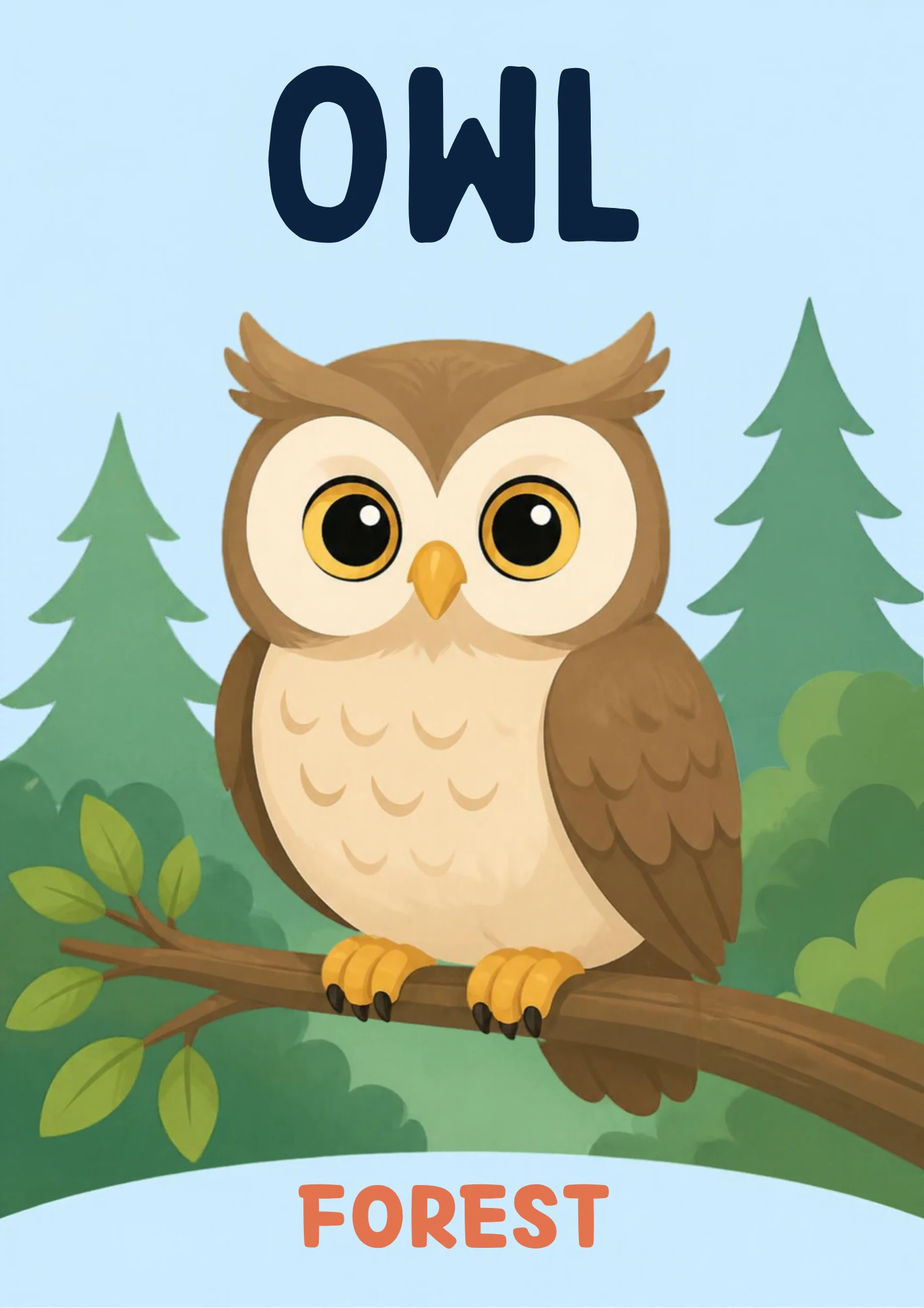 A habitat flashcard titled Owl: a brown owl with big golden eyes perches on a leafy branch with pine trees behind, with the word "forest" printed below.