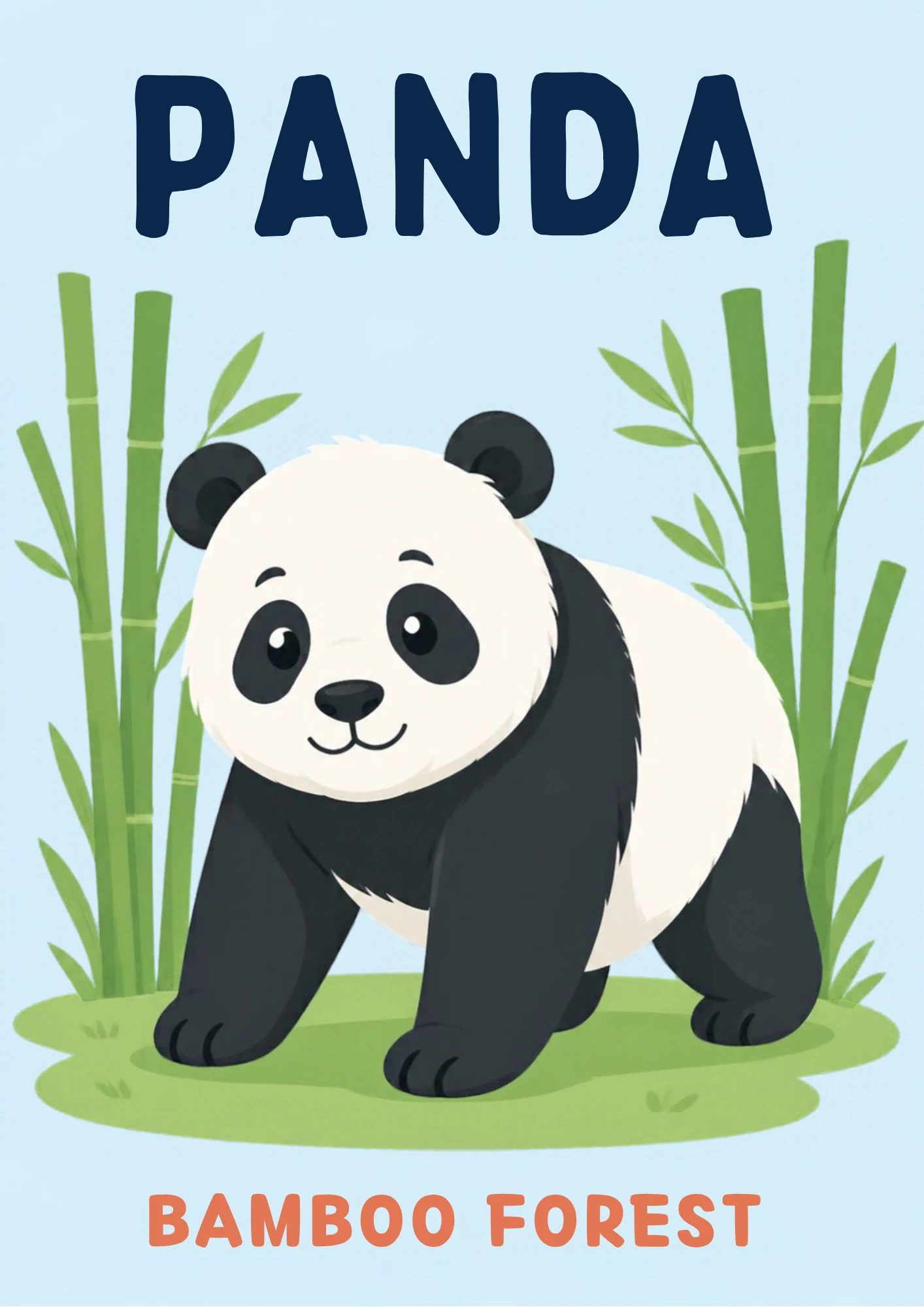 A habitat flashcard titled Panda: a black-and-white panda walks on all fours among tall green bamboo stalks, with the words "bamboo forest" printed below.