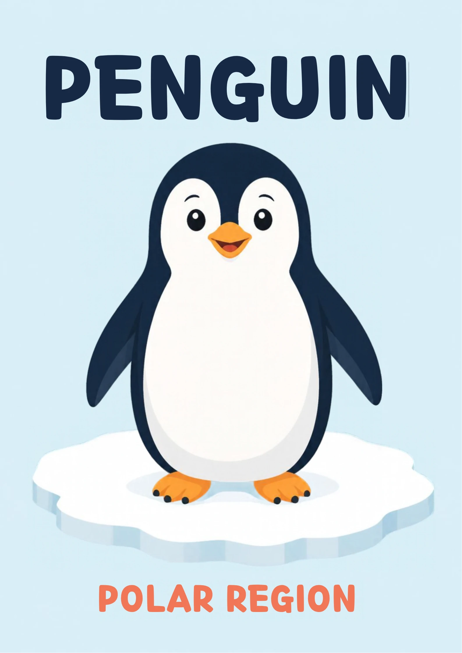 A habitat flashcard titled Penguin: a black-and-white penguin with an orange beak stands on a white ice floe, with the words "polar region" printed below.