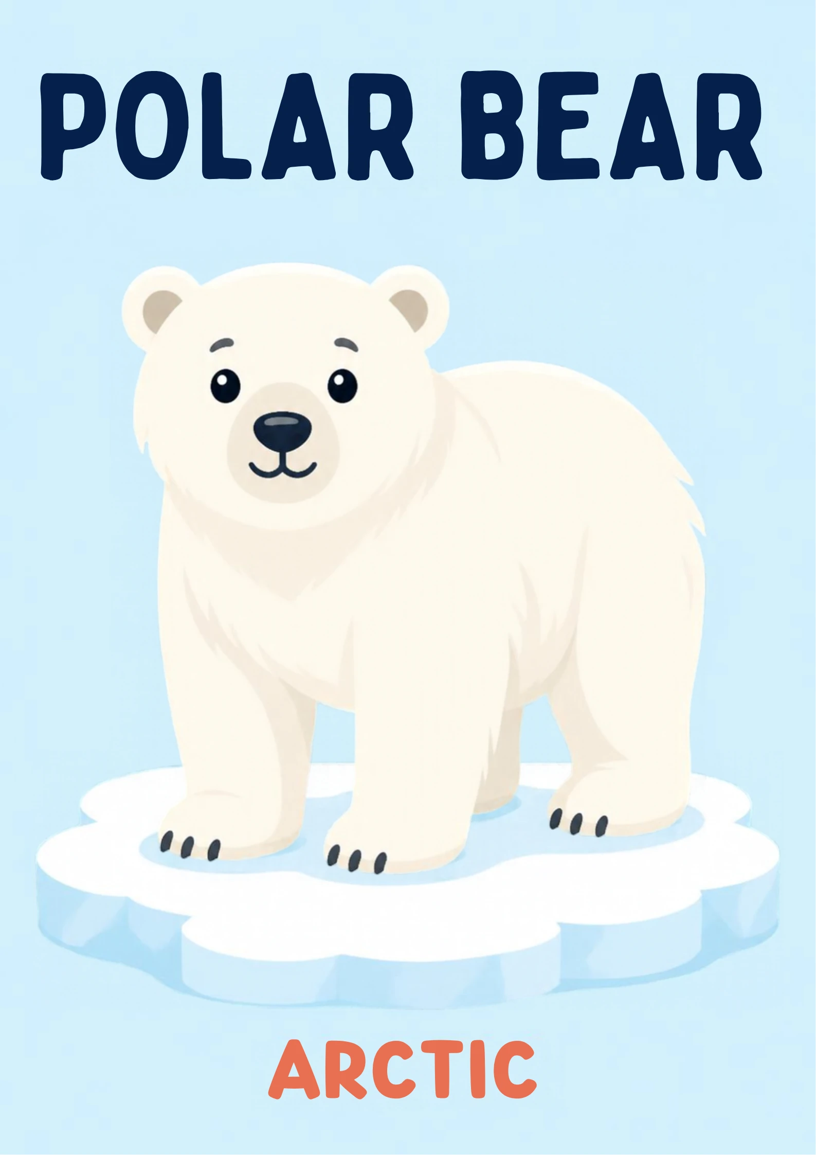 A habitat flashcard titled Polar Bear: a creamy-white polar bear stands on a sea-ice floe, with the word "arctic" printed below.