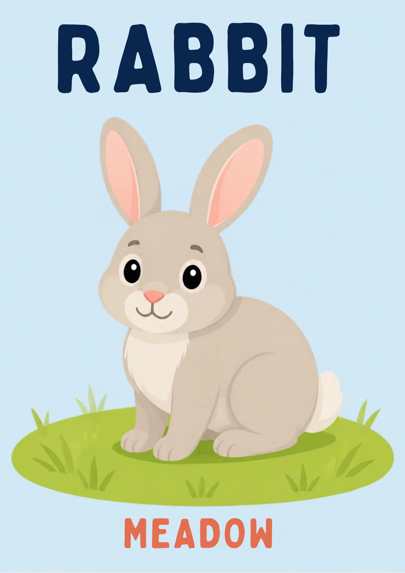 A habitat flashcard titled Rabbit: a soft beige rabbit with pink-lined ears sits on a green meadow mound, with the word "meadow" printed below.