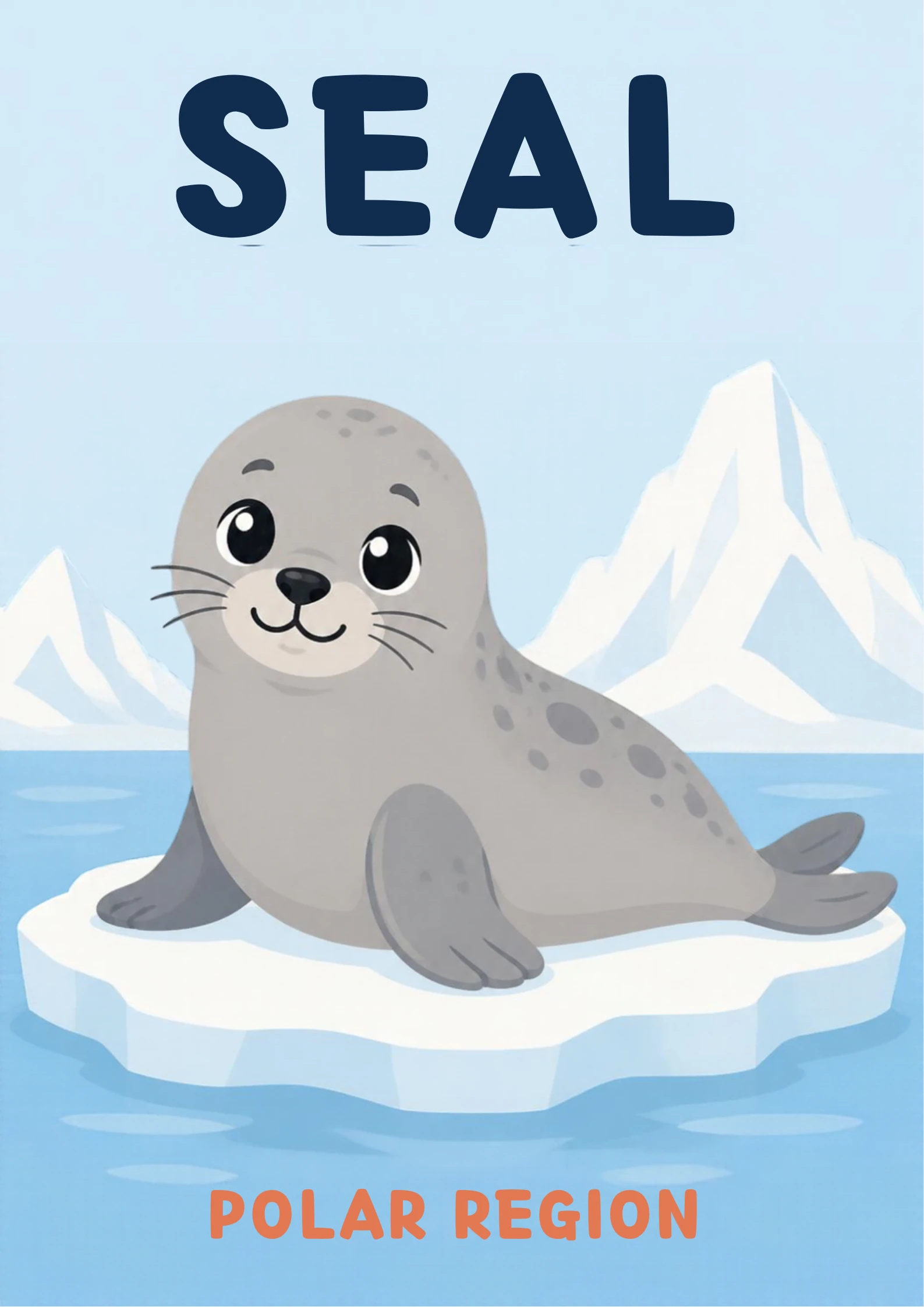A habitat flashcard titled Seal: a grey spotted seal with long whiskers rests on an ice floe beneath snowy mountains, with the words "polar region" printed below.