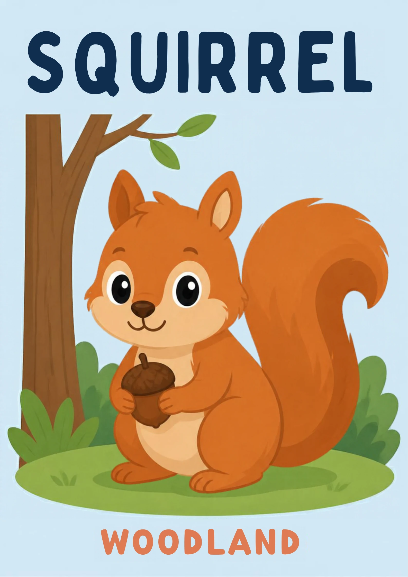 A habitat flashcard titled Squirrel: a red-brown squirrel holds an acorn in both paws beside a tree trunk, with the word "woodland" printed below.