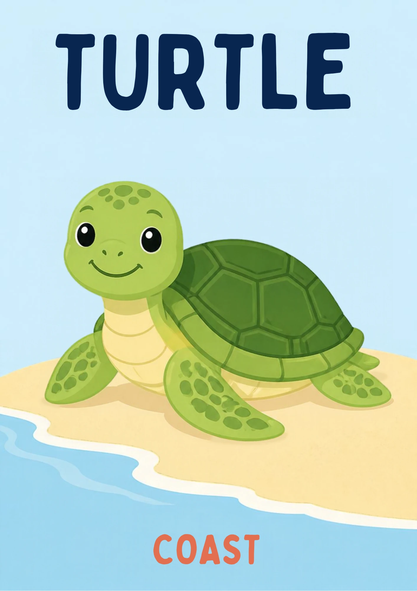 A habitat flashcard titled Turtle: a green sea turtle rests on wet sand where a gentle wave meets the beach, with the word "coast" printed below.