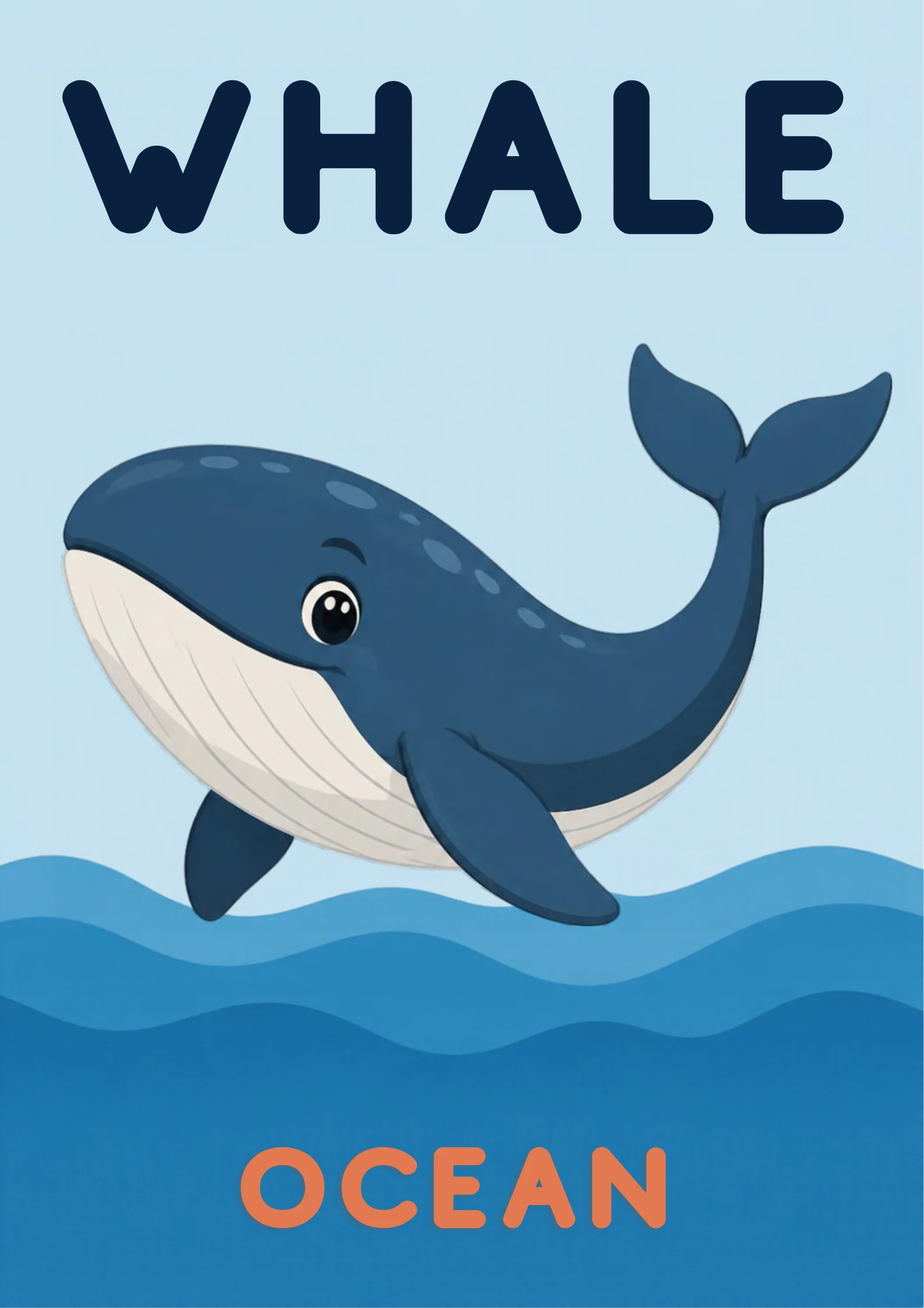 A habitat flashcard titled Whale: a big dark-blue whale with a pale ridged belly glides above ocean waves, with the word "ocean" printed below.