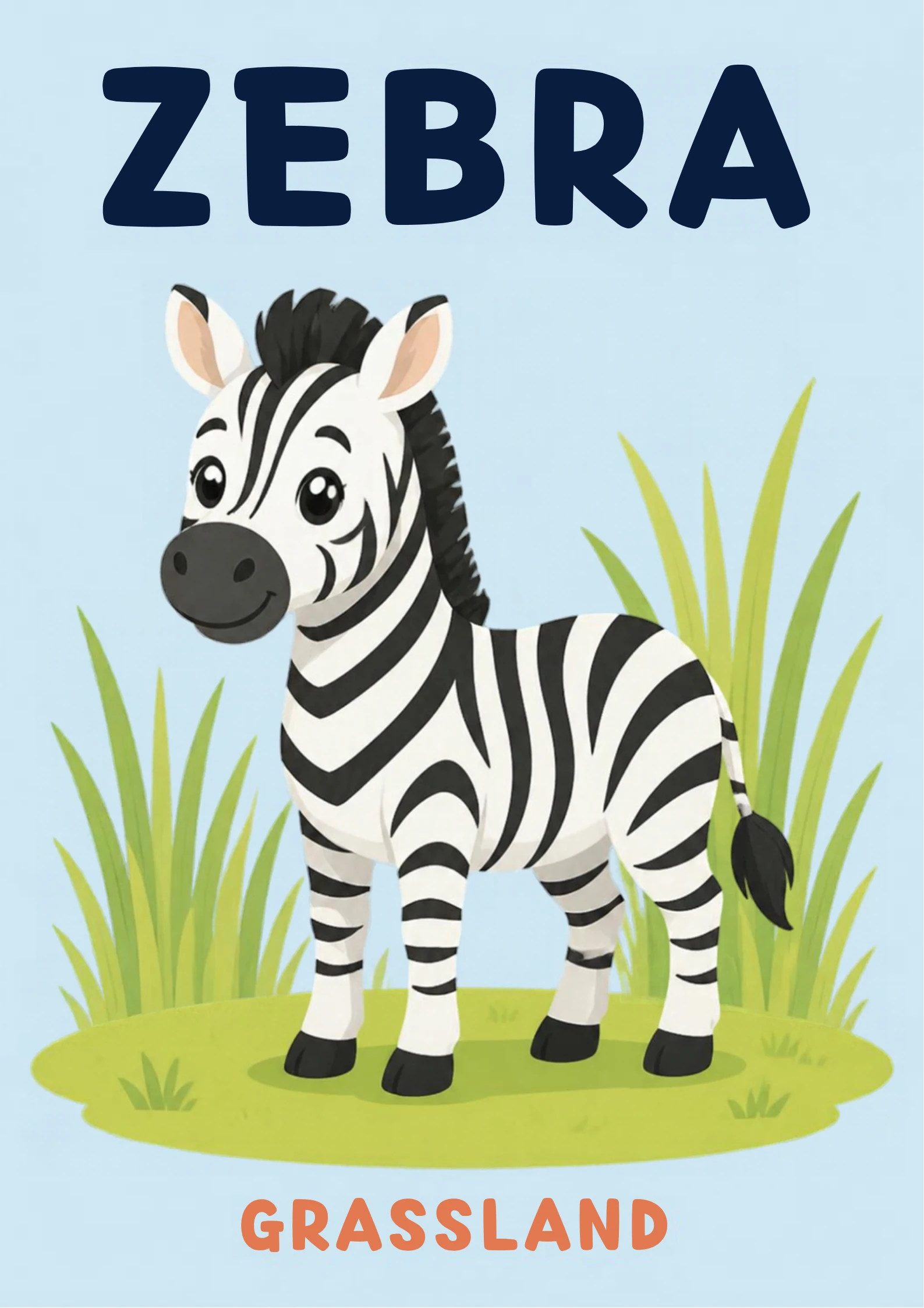A habitat flashcard titled Zebra: a black-and-white striped zebra stands among tall green grass blades, with the word "grassland" printed below.